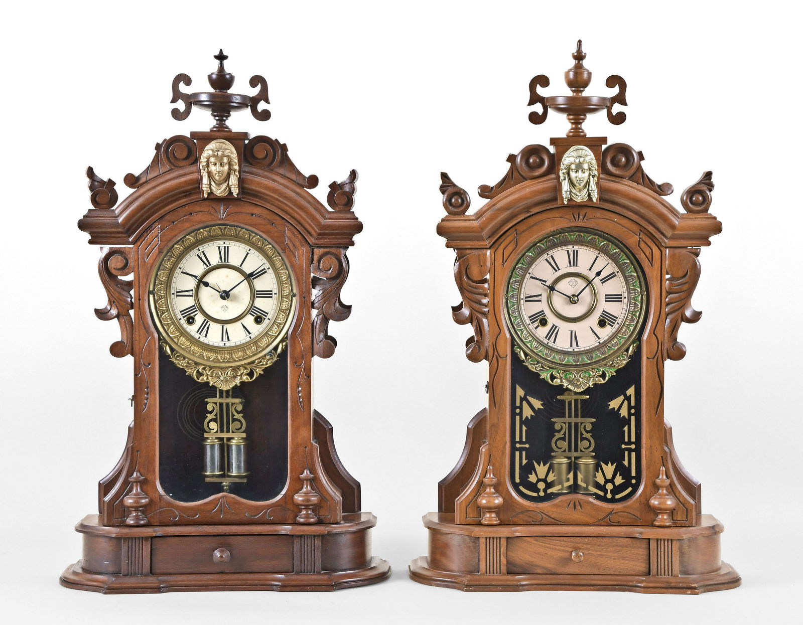 Two Ansonia Clock Co. Monarch shelf clocks, one a: 2 (Two) Ansonia Clock Co., New York, NY, "Monarch", shelf clocks including one reproduction: (1) period model in walnut case, paper on metal dial, spade hands, 8 day, time and strike spring driven bra