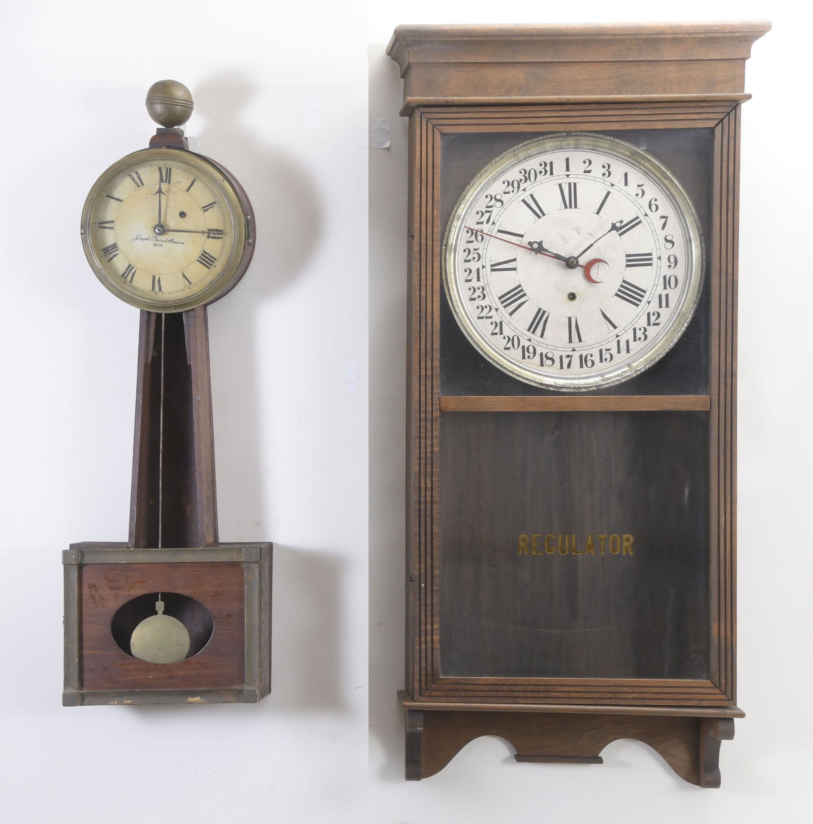Three Clocks Including a Gingerbread, a Store Regulator: 3 (Three) clocks including an American gingerbread style, 8 day, time and strike, spring driven movement in walnut case, a weight driven banjo signed "Joseph Chadwick" and an American store regulator