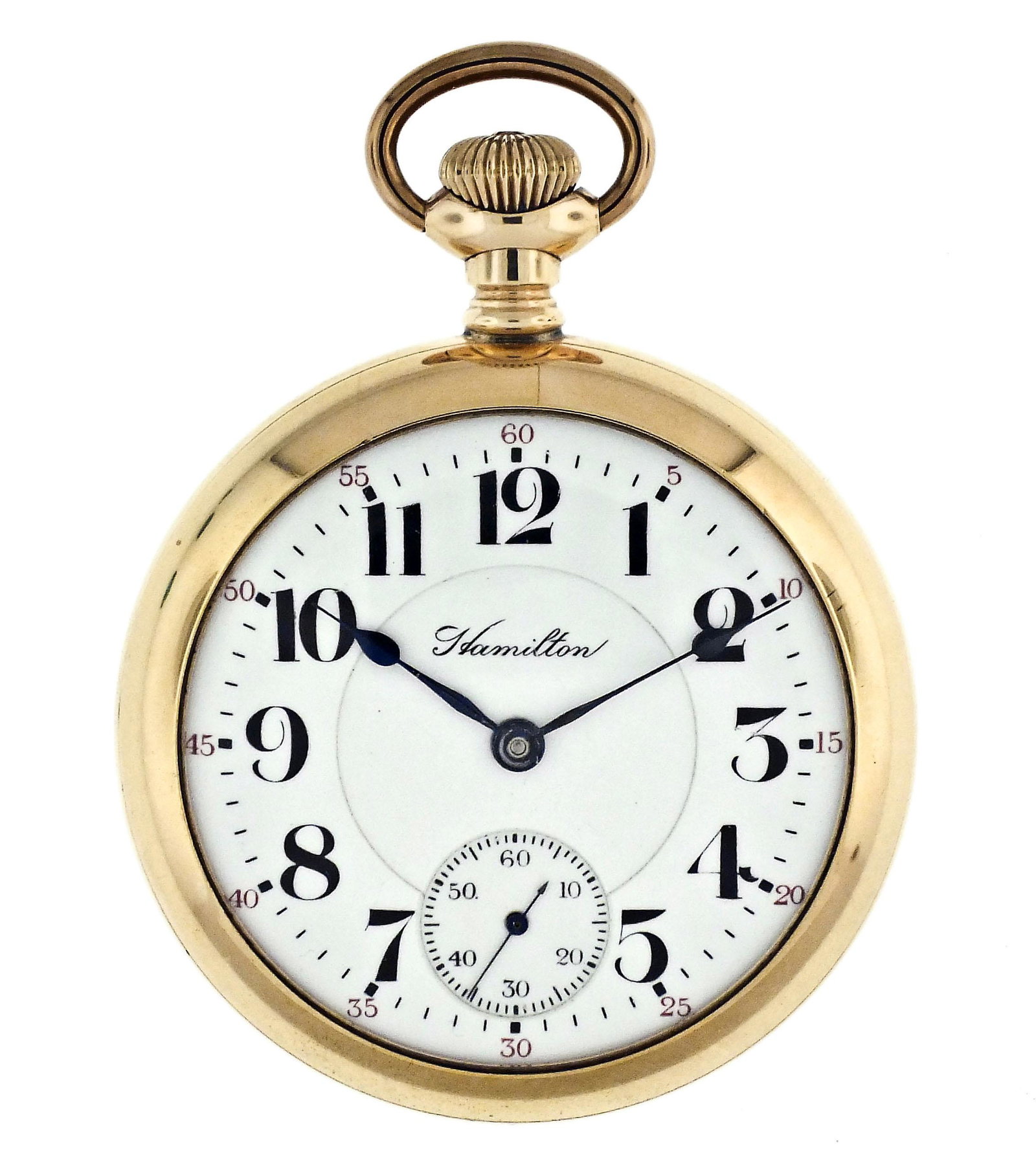 An 18 size 23 jewel Hamilton 946 pocket watch: Hamilton Watch Co., Lancaster, Penn., "946", 18 size, 23 jewels, stem wind and lever set adjusted to 5 positions, temperature and isochronism, damascened nickel plate movement, with lever escapement, 