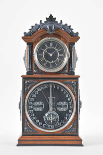 Ithaca Parlor No. 3 1/2 perpetual calendar shelf clock: Ithaca Calendar Clock Co., Ithaca, NY, "No. 3 1/2 Parlor" perpetual calendar shelf clock, walnut case with ebonized composition ornaments and crest carving, nickel plated pierced space hands, papered