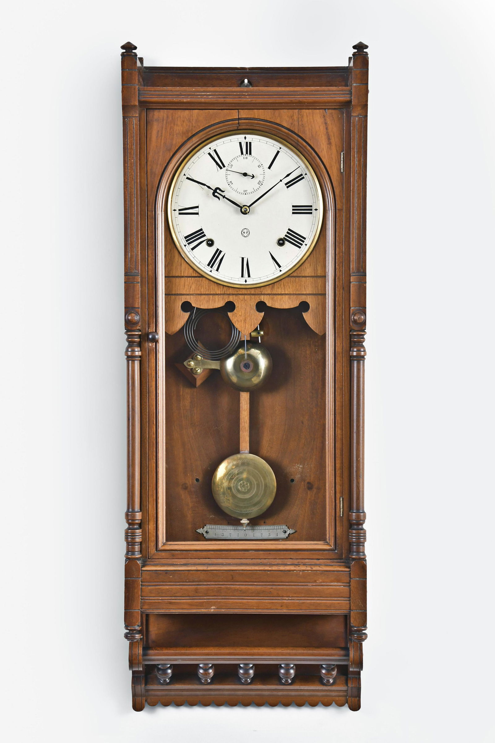 Seth Thomas Clock Co. Queen Anne wall clock: Seth Thomas Clock Co., Thomaston, Conn., "Queen Anne", wall clock, mahogany case, painted metal dial, Fleur-de-lis hands, 8 day, time and strike spring driven brass movement.