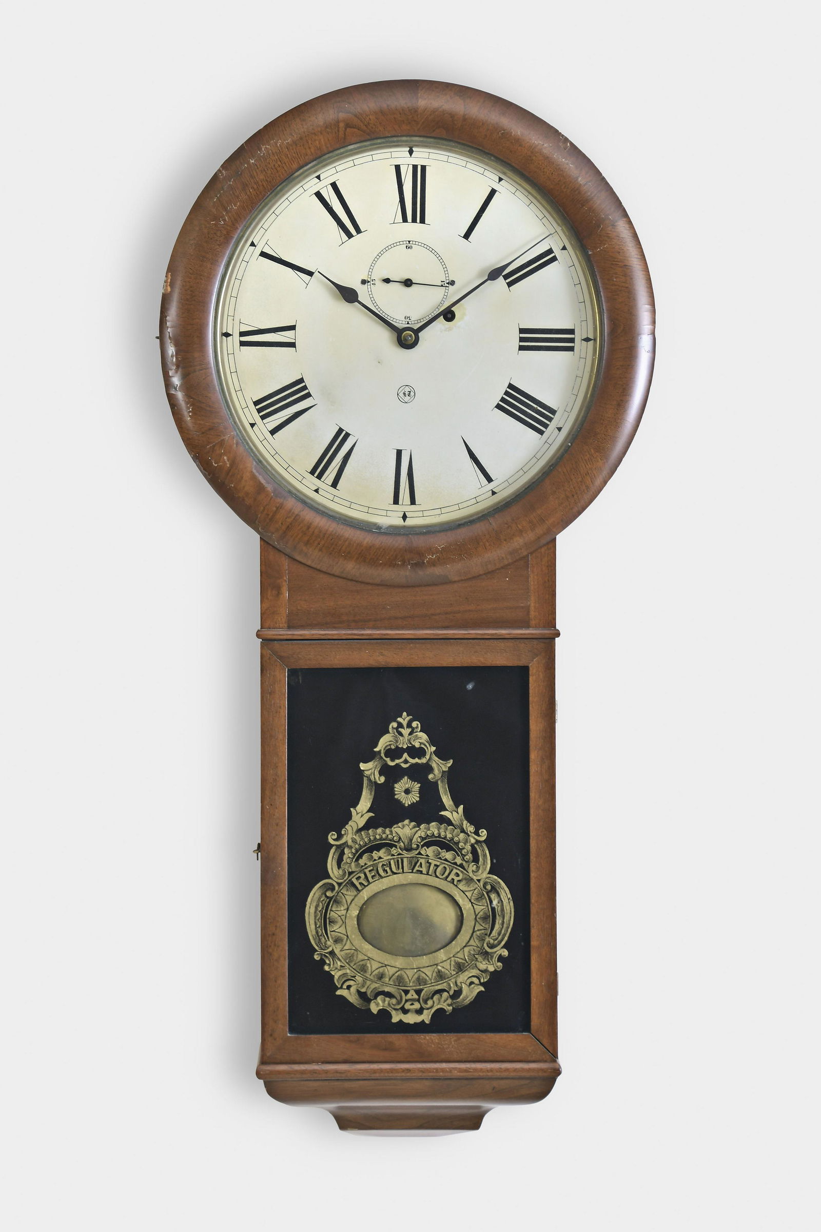 Seth Thomas Clock Co. Regulator No. 2 wall clock: Seth Thomas Clock Co., Thomaston, Conn., Earlier style "Regulator No. 2", wall clock, walnut case, painted metal dial, spade hands, 8 day, weight driven brass movement.