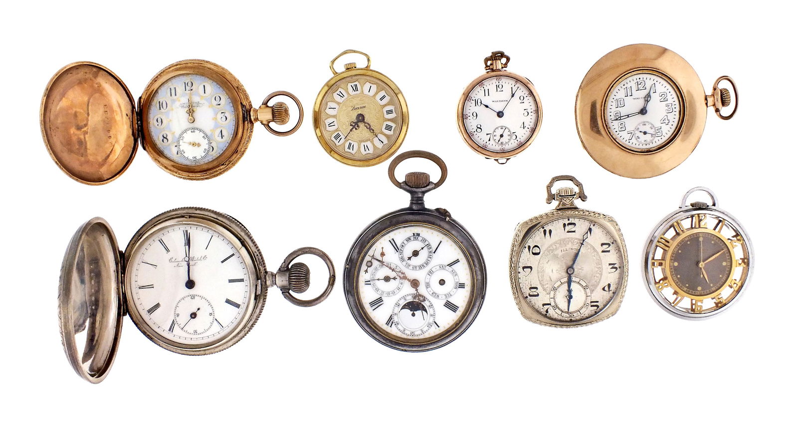 A lot of eight Swiss and American pocket watches: 8 (Eight) pocket watches, including a Swiss triple calendar, makers including Illinois, Waltham, Ebel, Colombier, Lucerne, and others, 18 - 3/0 size, 7 - 17 jewel gilt and nickel movements, roman and