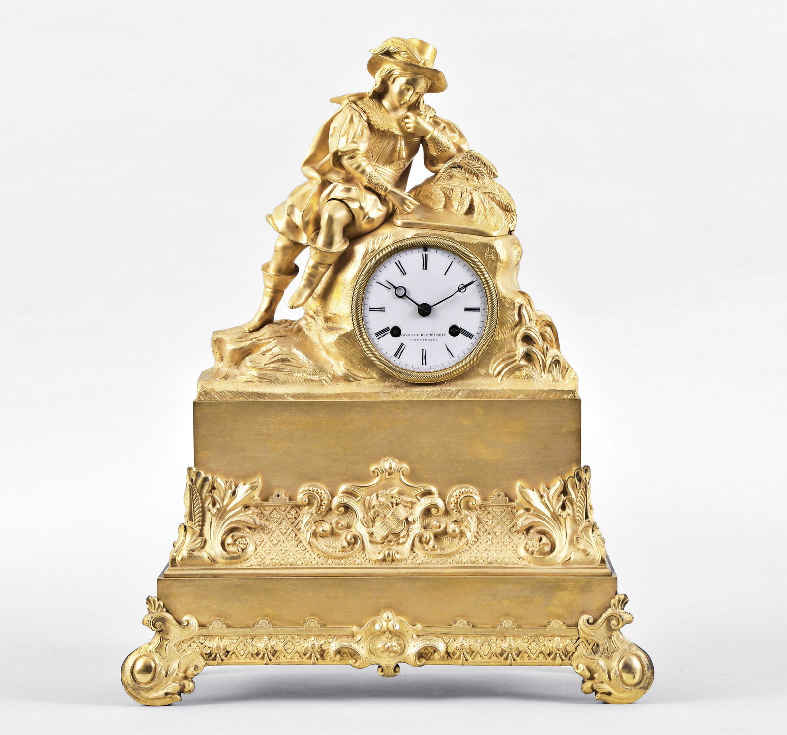 French gilt bronze mantel clock: French, Voynant Duchochois A Dunkerque, mantel clock, gilt bronze case, enameled dial, moon hands, 8 day, time and strike spring driven brass movement.