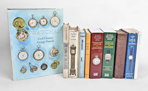 A large lot of horological reference books: A large lot of horological reference books, including "American Pocket Watches", "Elgin Watch Company", "Waltham Watch Company", and "Illinois" by Ehrhardt, "Pennsylvania Clocks" by Eckhardt, "The