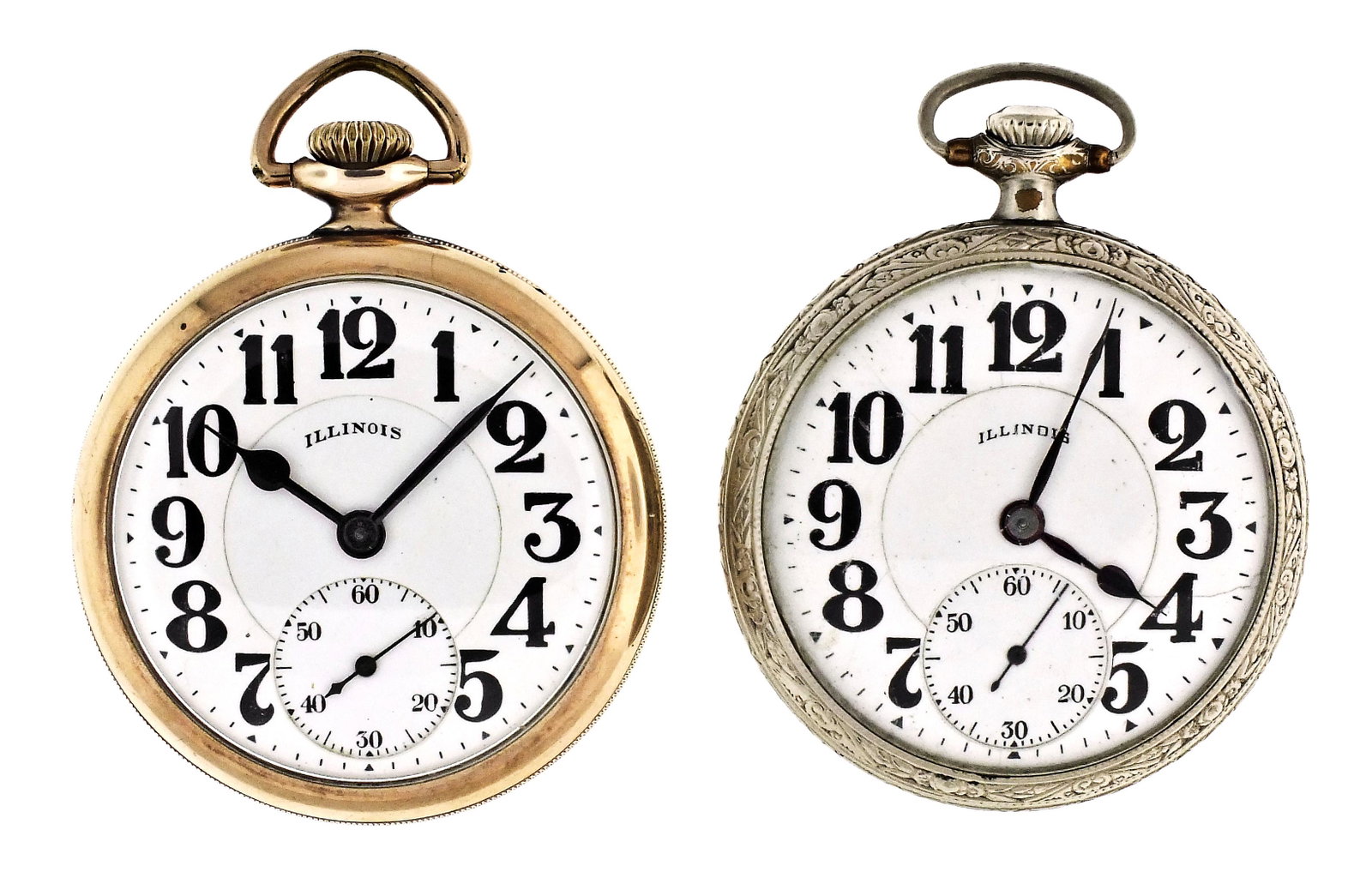 A lot of two Illinois Bunn Special pocket watches: 2 (Two) Illinois "Bunn Special" pocket watches, both with 16 size, 21 jewel damascened nickel movements, both with arabic numeral white enamel dials, and both in gold filled open face cases, serial #3