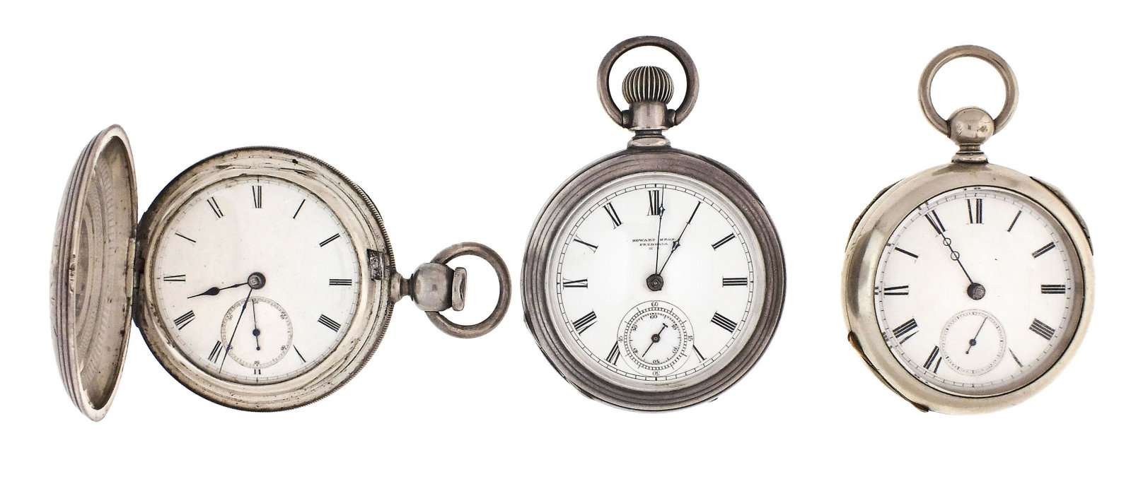 A lot of three Fredonia pocket watches: 3 (Three) 18 size Fredonia pocket watches, all marked "Independent Watch Co.", the first with 11 - 15 jewel, gilt keywound movement, roman numeral white enamel dial, and coin silver hunting case, seri