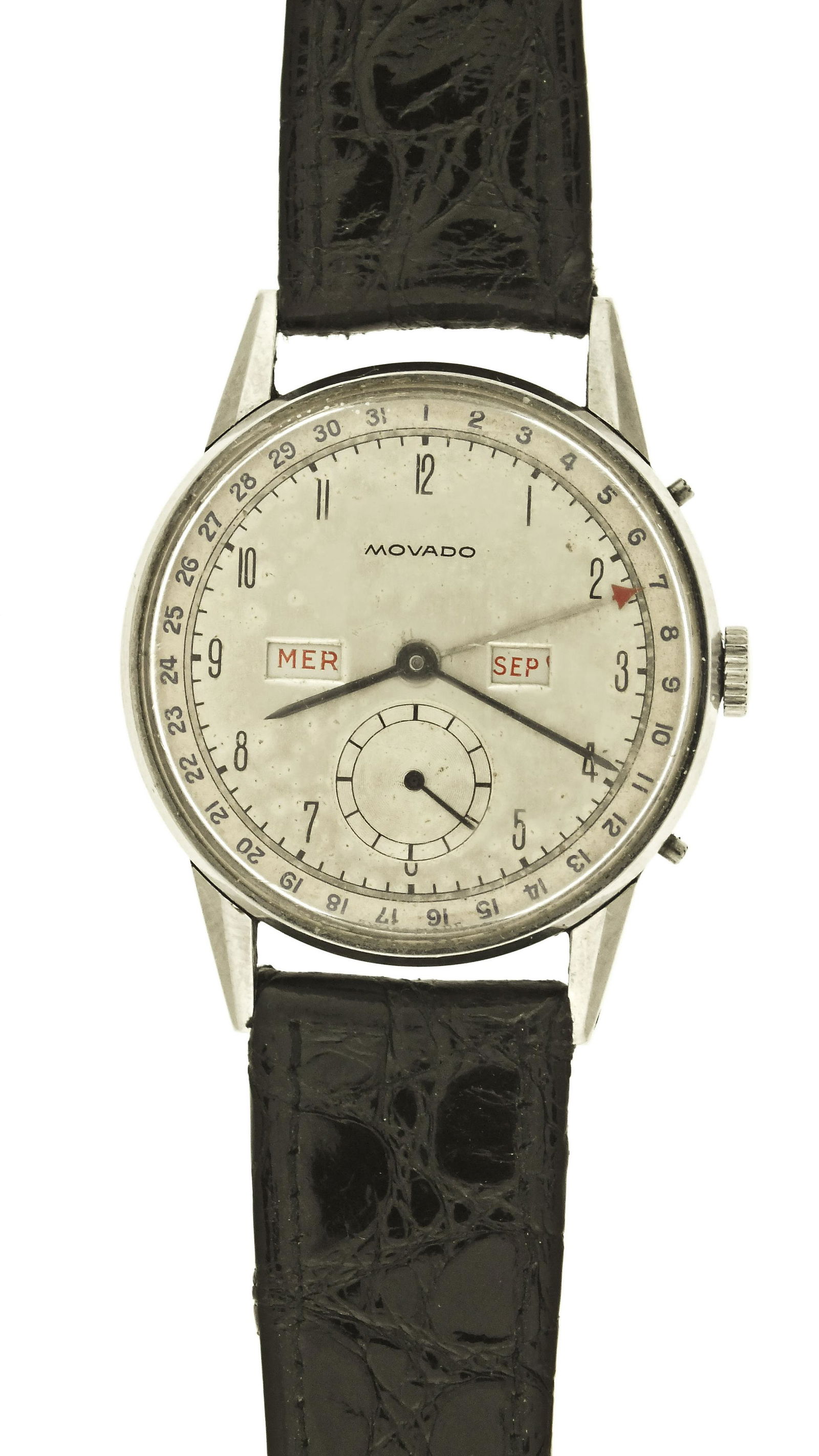 A mid 20th century Movado ref 14776 Calendrograph wrist twatch: Movado, Switzerland, a ref. 14776 "Calendrograph" wrist watch, manual winding, 15 jewel nickel plate movement with lever escapement, in a round stainless steel case with black crocodile strap, arabic