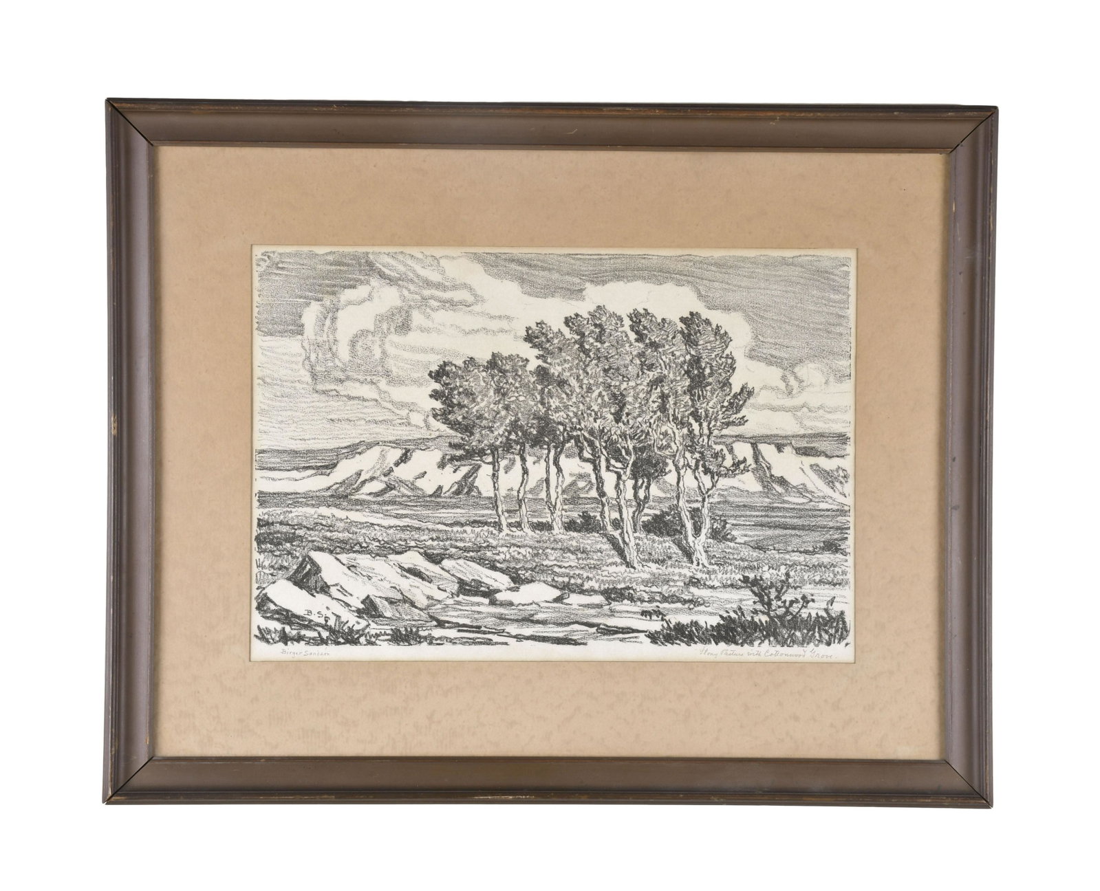 A lithograph on paper Stony Pasture with Cottonwood Grove by Birger Sandzen: Birger Sandzen, "Stony Pasture with Cottonwood Grove", early 20th century lithograph on paper, the view taken from Sandzen's in-laws' farm in Graham County, Kansas, signed lower left, title lower righ