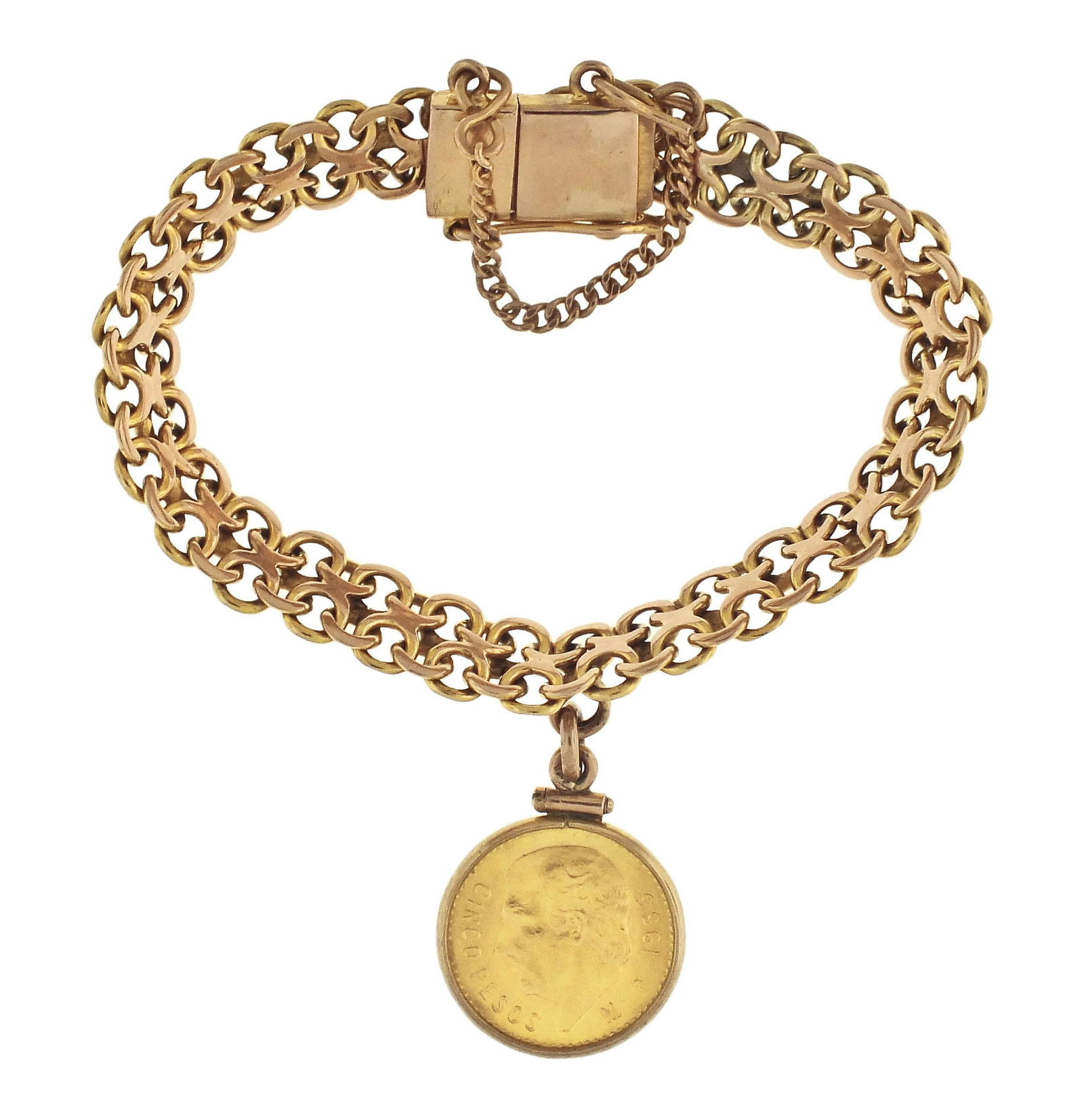 A mid 20th century 14 karat gold bracelet with Mexican 5 peso charm (1 of 5)