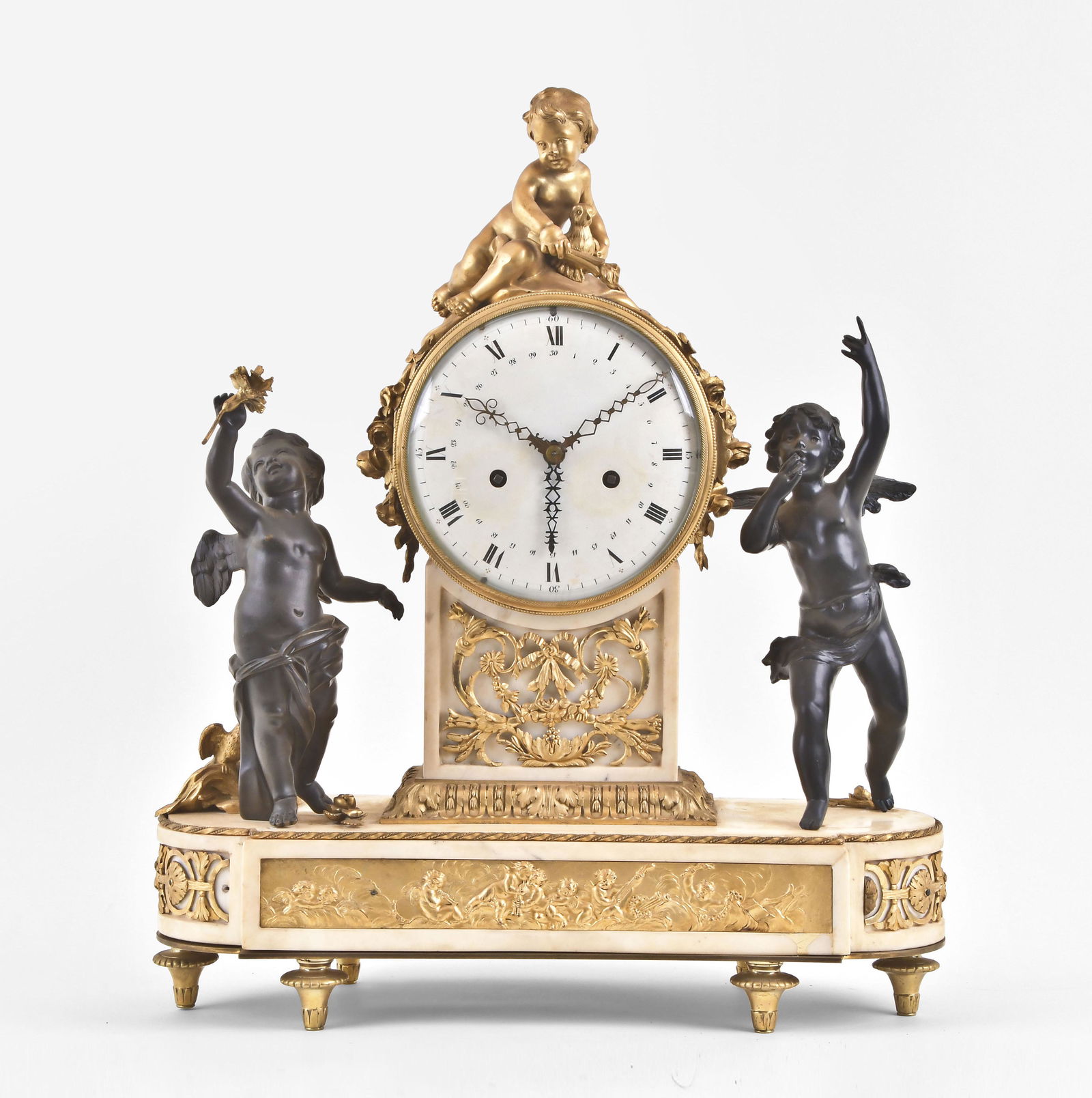 A late 18th century French bronze and marble figural mantel clock (1 of 10)