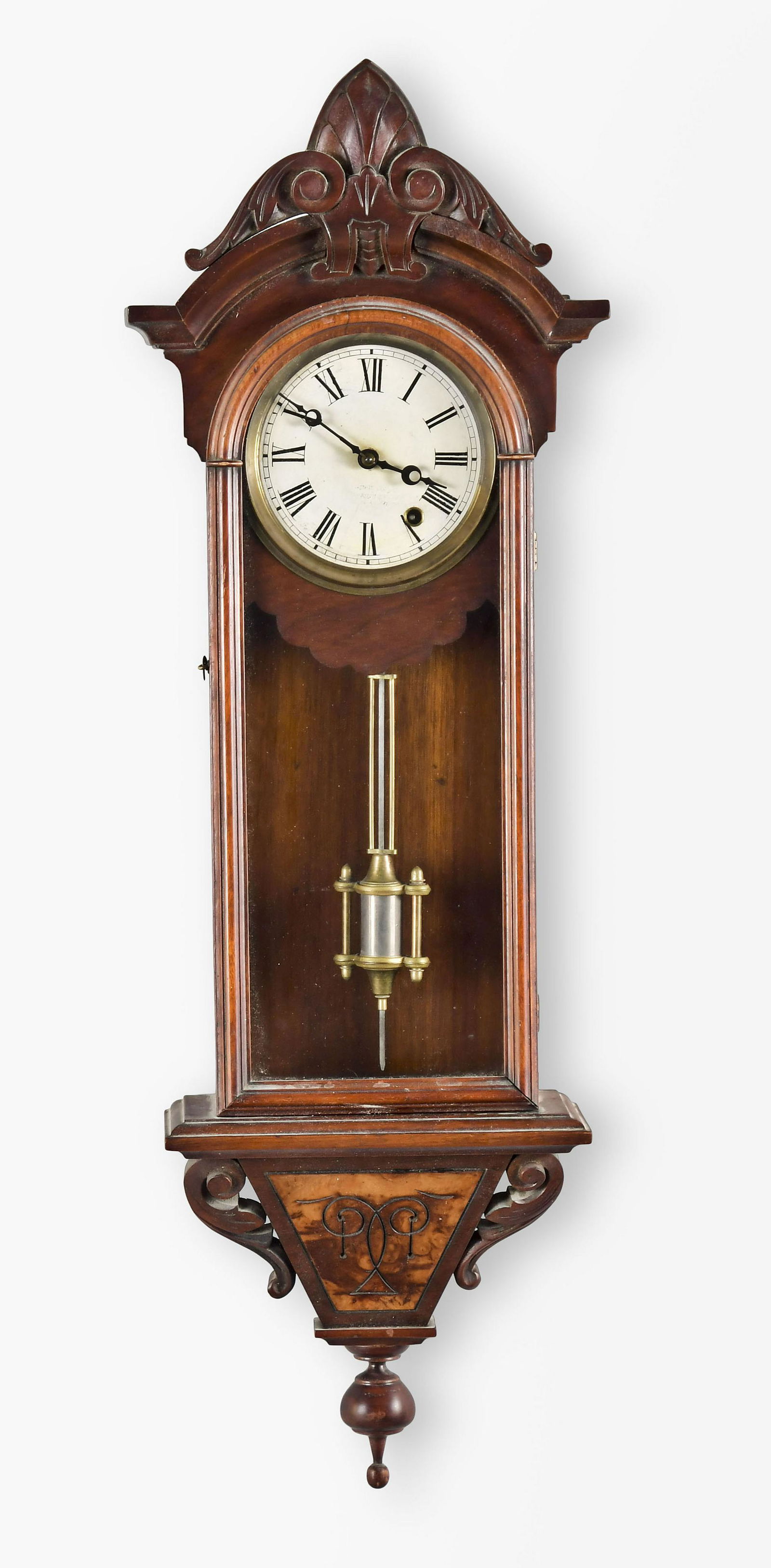 F. Kroeber Clock Co. Regulator No. 31 wall clock: F. Kroeber Clock Co., New York, "Regulator No. 31" wall clock, walnut case, paper on metal dial, moon hands, 8 day, spring driven brass movement.