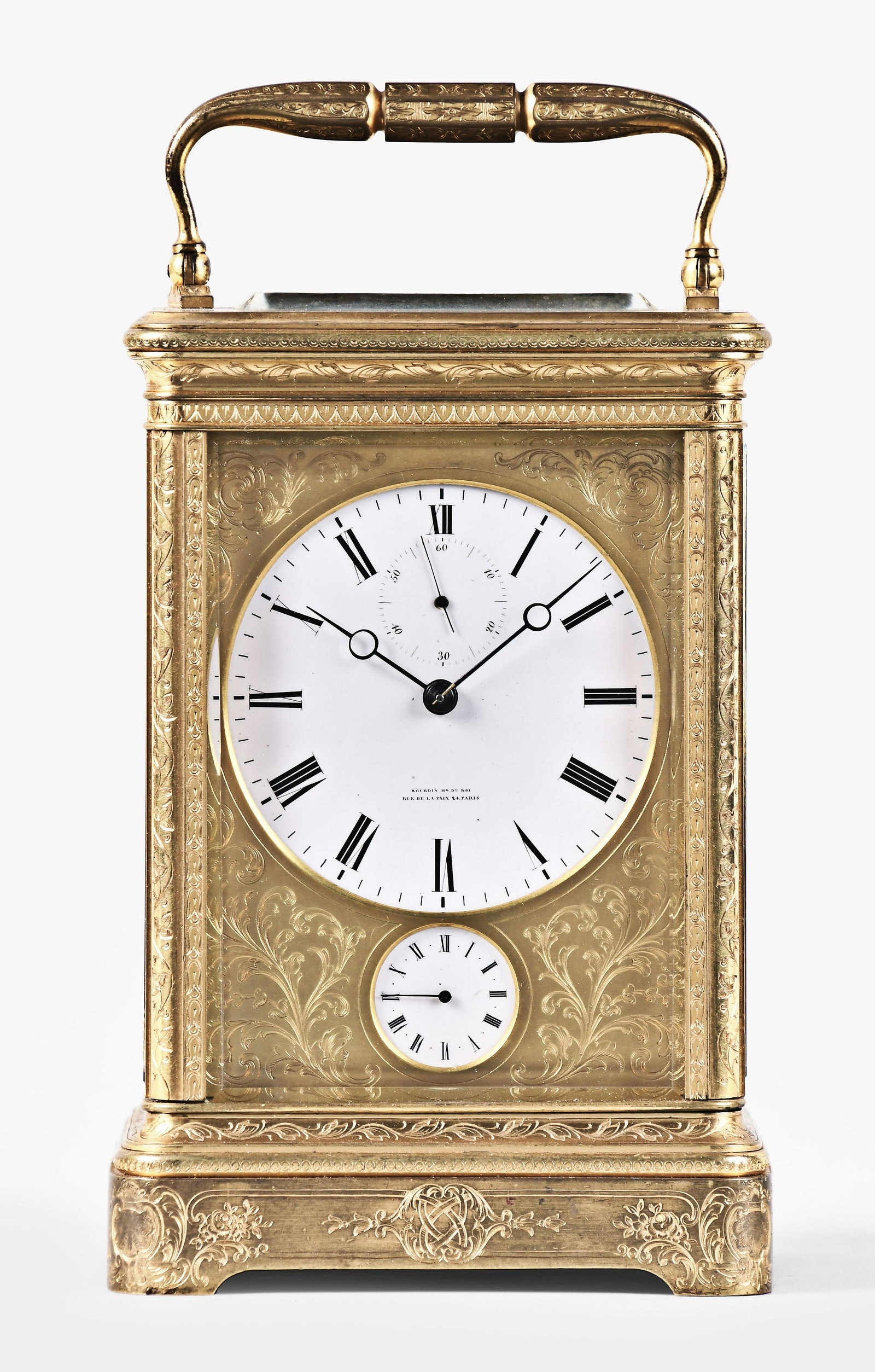 A good mid 19th century grand sonnerie carriage clock with duplex escapement signed Bourdin: Bourdin, a Paris, a good mid 19th century grand sonnerie carriage clock, the gilt, engraved corniche case with four bevelled glasses, faceted carrying handle, and case back with shutter allowing acces