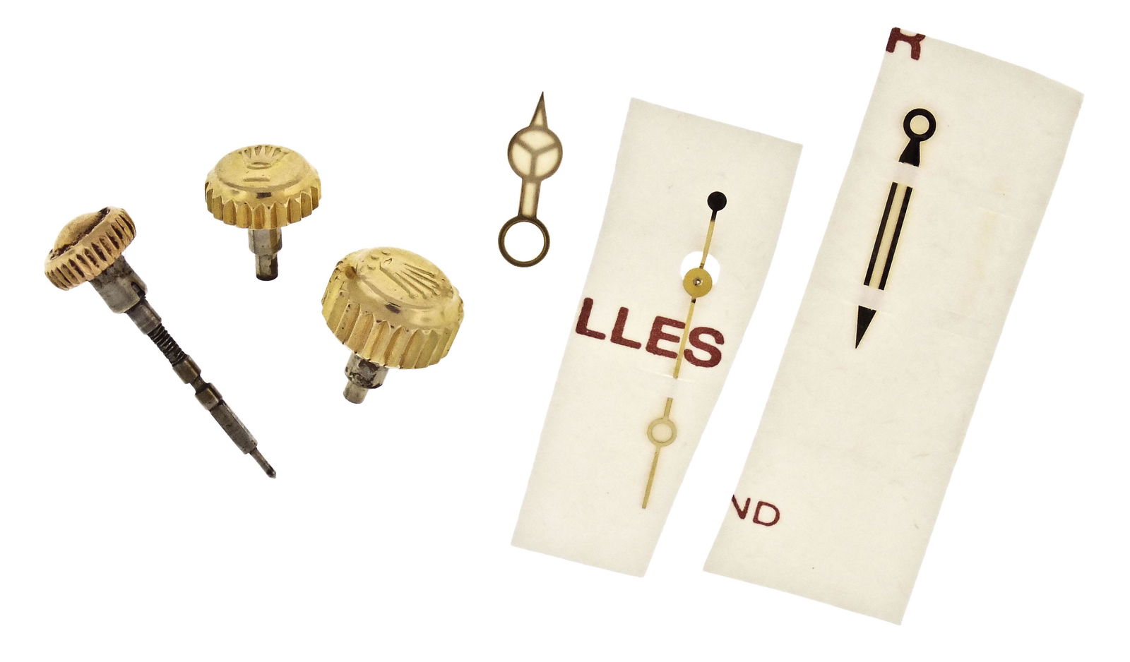 A small lot of gold Rolex crowns and hands: A small lot of gold Rolex crowns and hands, 5.3 - 7mm, one each Twinlock and Triplock, the other marked "Oyster Patent", together with a set of gold Mercedes hands