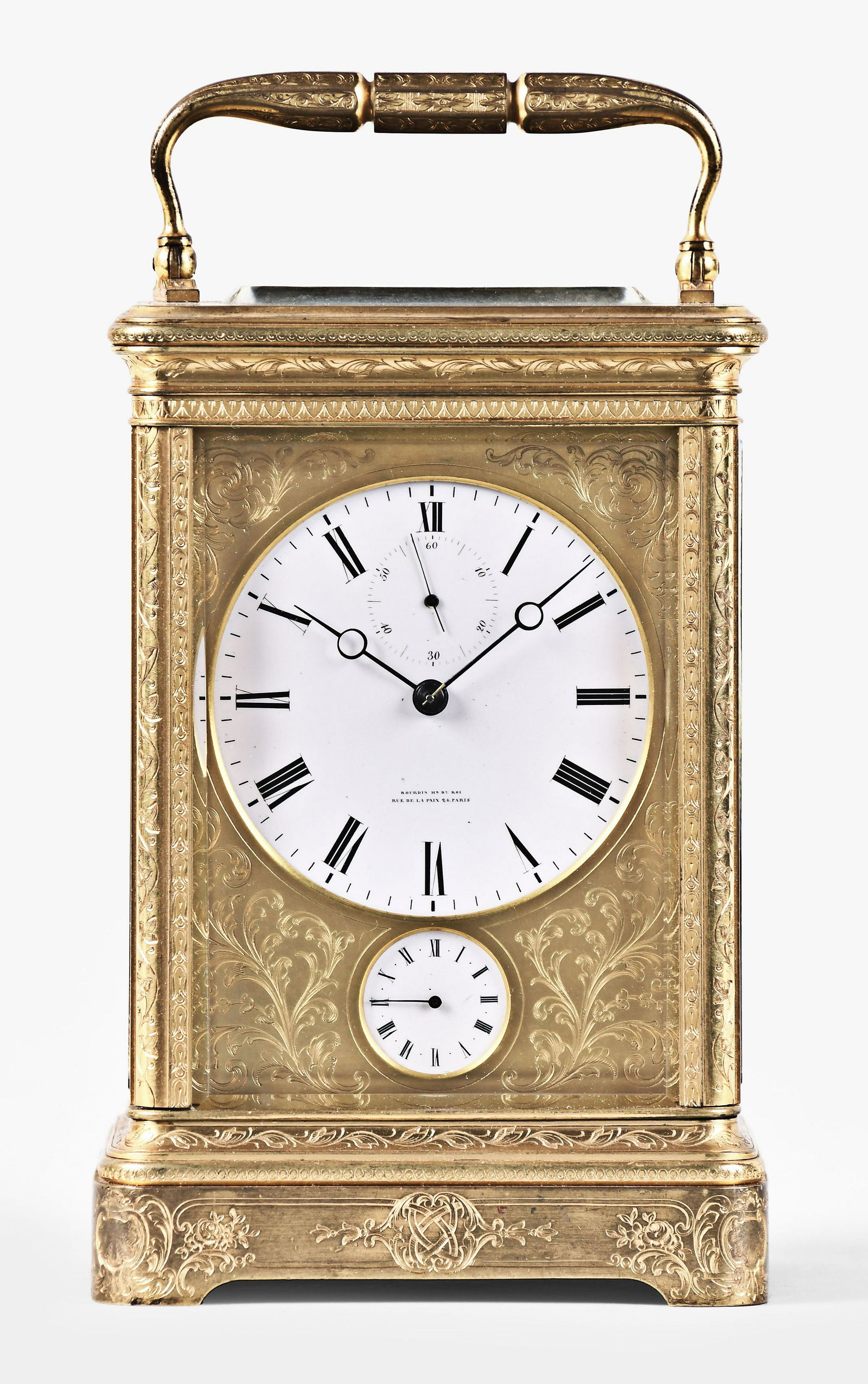 A good mid 19th century grand sonnerie carriage clock with duplex escapement signed Bourdin: Bourdin, a Paris, a good mid 19th century grand sonnerie carriage clock, the gilt, engraved corniche case with four bevelled glasses, faceted carrying handle, and case back with shutter allowing acces