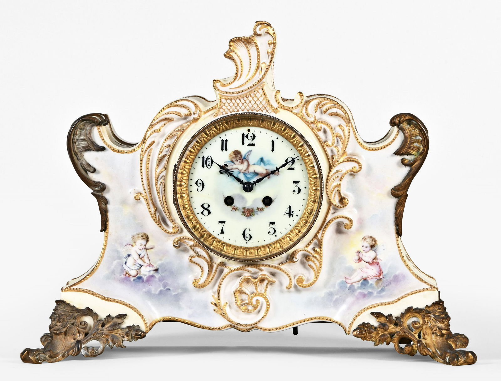 Marti & Cie porcelain mantel clock: Marti & Cie, France, mantel clock, porcelain case, enameled dial, fluer de lis hands, 8 day, time and strike spring driven brass movement