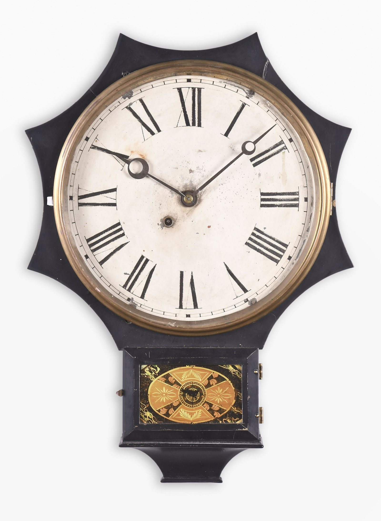 Terry Clock Co. 8 Day Octagon Top clock: Terry Clock Co., Waterbury, Conn., "8 Day Octagon Top" hanging clock, wooden case with cast iron front, painted dial, moon hands, brass 8 day spring driven timepiece movement