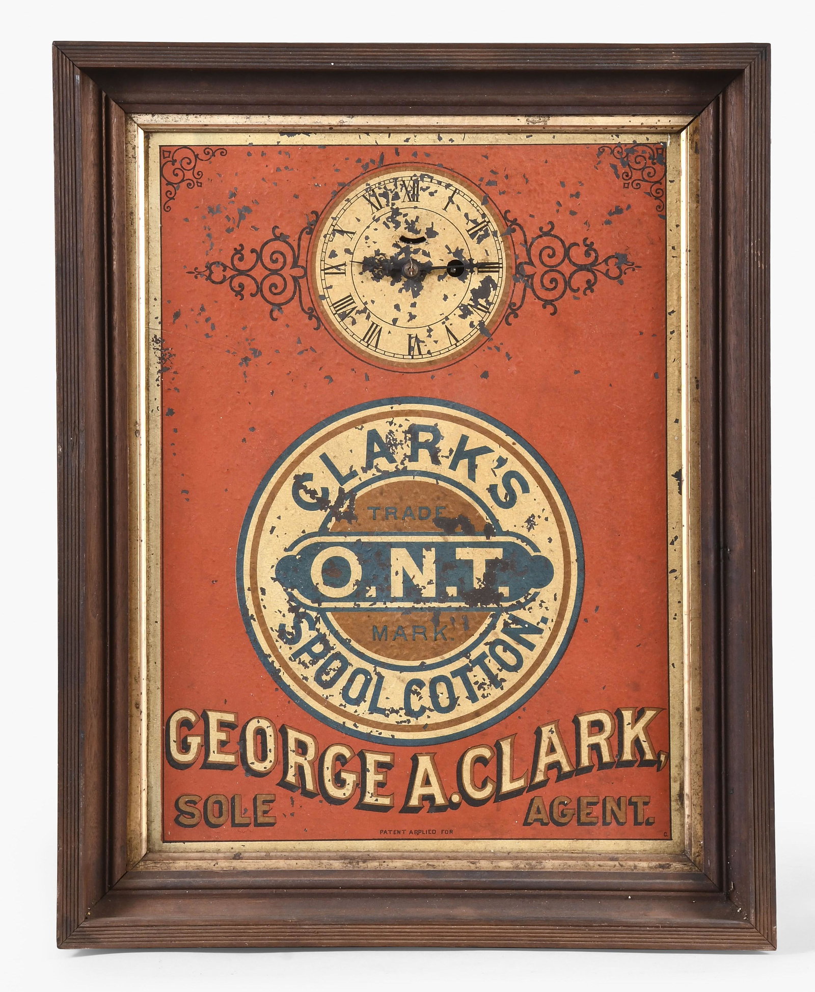 A good late 19th century framed tin sign with clock promoting Clarks Spool Cotton: A good late 19th century framed tin sign with clock promoting Clark's Spool Cotton, with bright red ground, a clock with roman numeral white painted dial at top, the Clark's Spool Cotton logo just bel