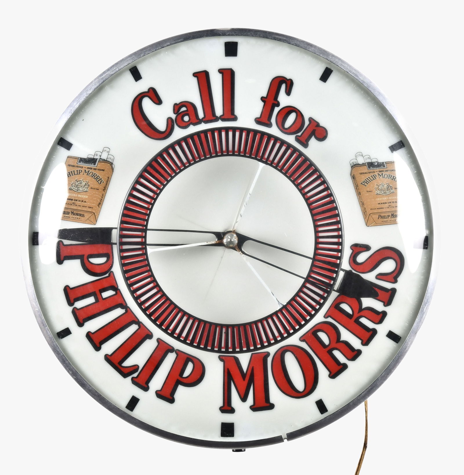 Electric advertising clock for Philip Morris: Ohio Advertising Display Co., Cincinnati, Ohio, hanging clock, metal case, translucent plastic dial, metal hands, electric movement, dial advertises" Philip Morris Cigarettes"