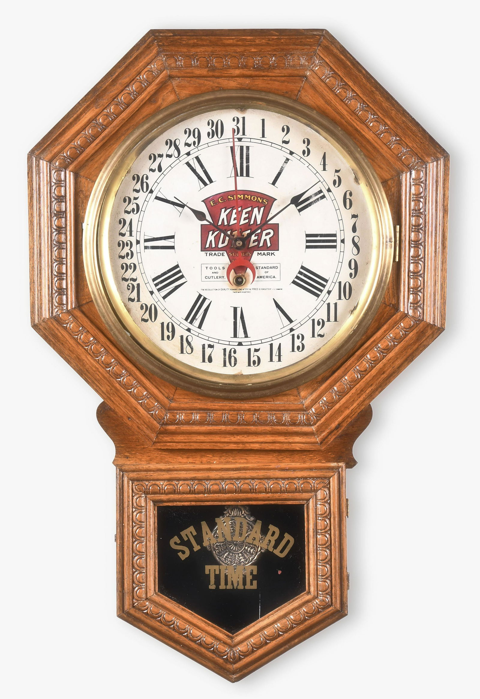 Gilbert Clock Co. Keen Kutter advertising wall clock: William L. Gilbert Clock Co., Winsted, Conn., "Admiral" model wall clock, pressed oak case, paper on metal dial with advertising for "Keen Kutter", spade hands, 8 day, spring driven brass movement.