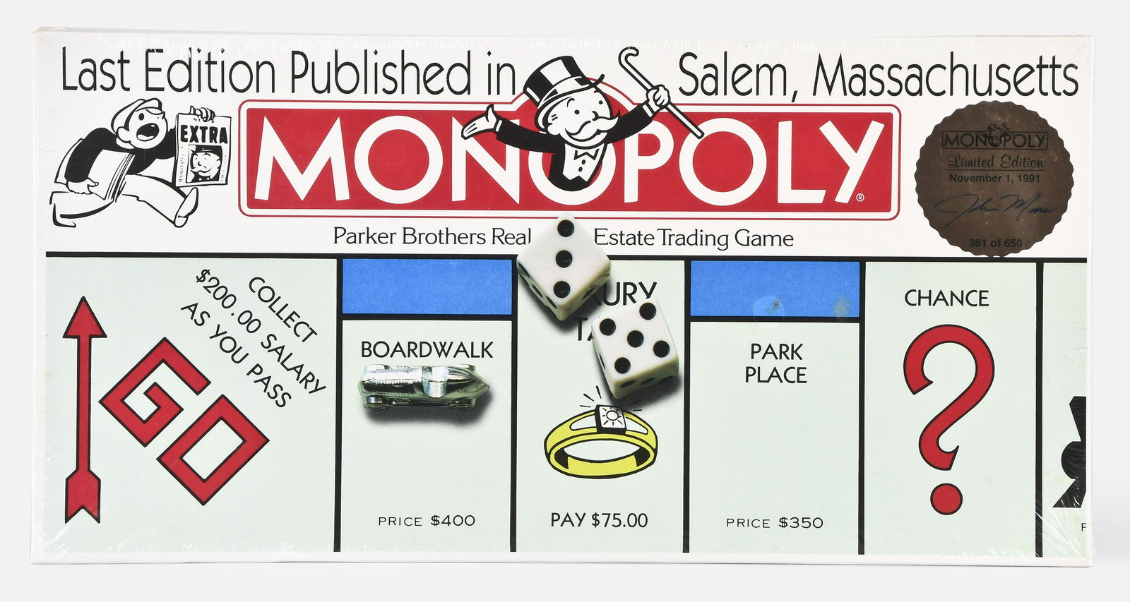 Rare Monopoly Limited Edition board game by Parker Brothers: Parker Brothers, Beverly, Mass., rare Monopoly board game, Limited Edition 361 of 650, November 1, 1991, autographed by John Moore, president of Parker Brothers, given to employees to commemorate the
