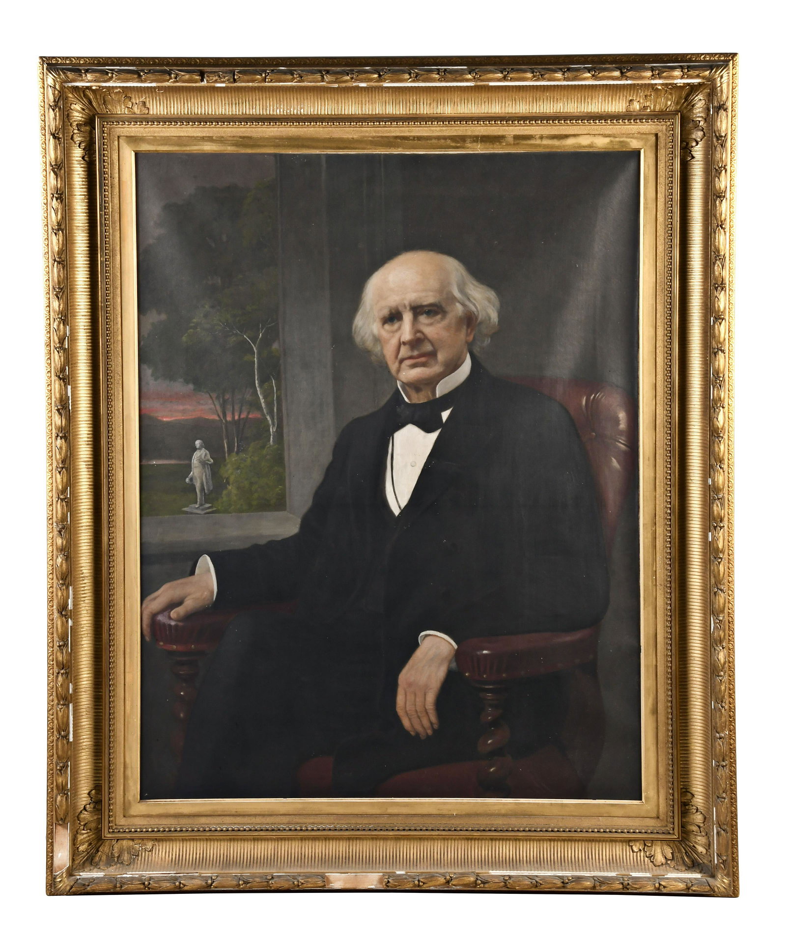 A large portrait of James S.T. Stranahan by Jared B. Flagg: Jared B. Flagg, a large portrait of James S.T. Stranahan in it's original frame, the aged Stranahan in black with a white shirt, sitting in a leather upholstered chair with twist turned arm supports, 
