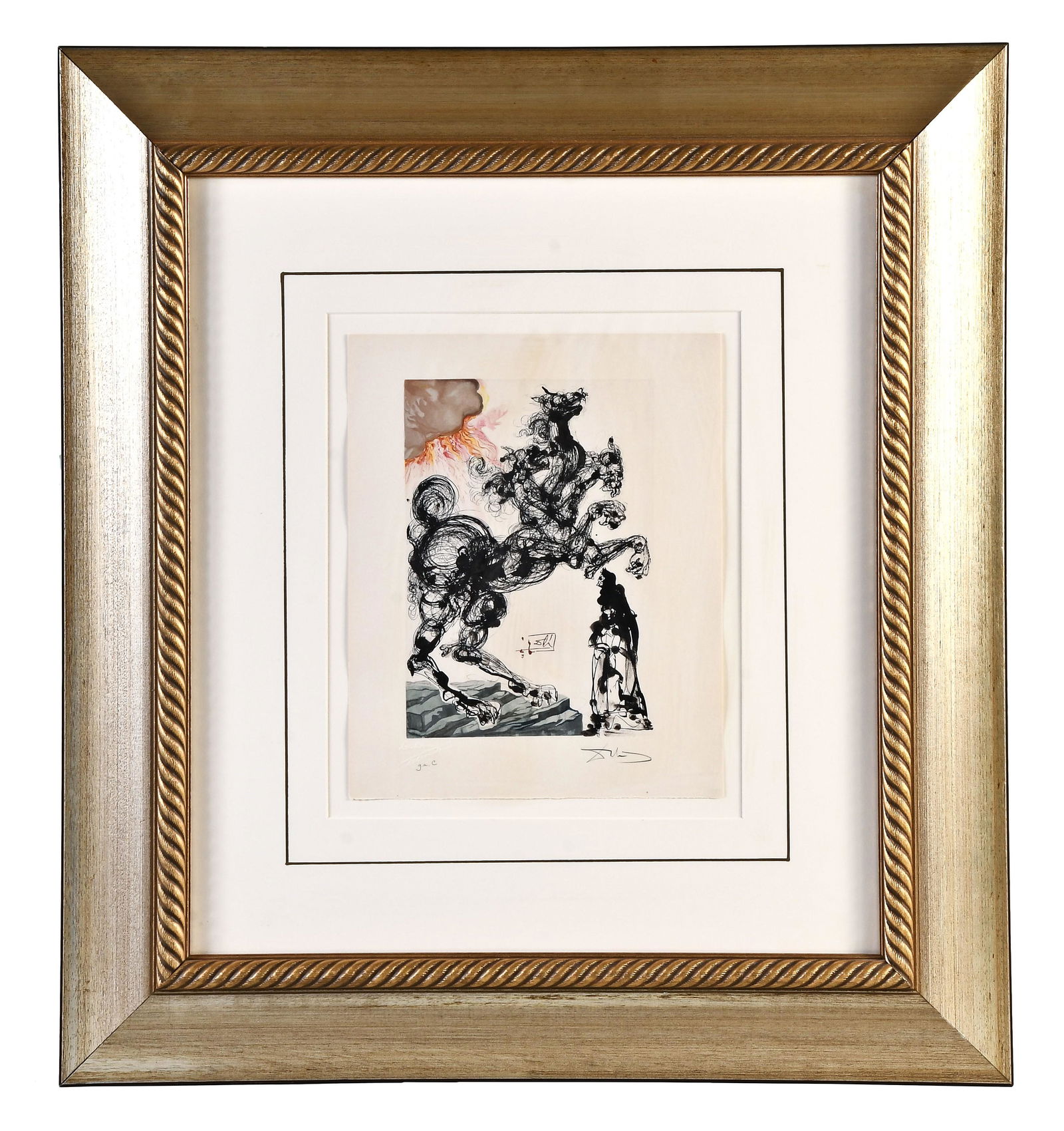 Cerberus Inferno Canto 6 wood engraving by Salvador Dali: Salvador Dali, "Cerberus Inferno Canto 6", mid 20th century wood engraving with color on Rives paper, published by Les Editions de Art les Heures Claires, signed on block and in graphite, lower left,