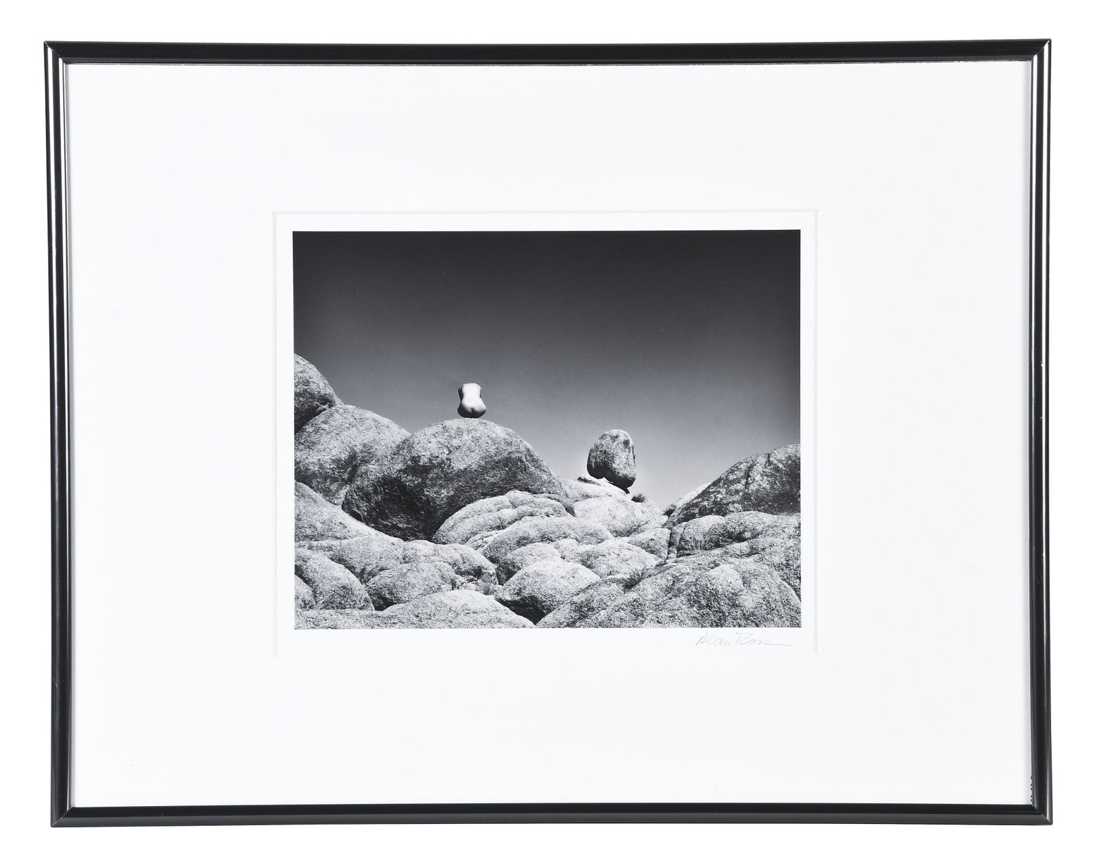 Nude and Rock gelatin silver print by Alan Ross: Alan Ross, "Nude and Rock", gelatin silver print, framed, matted, and mounted to board, signed in graphite lower right, mount verso with Ross stamp, title, date of negative (1978) and print (1983), pr