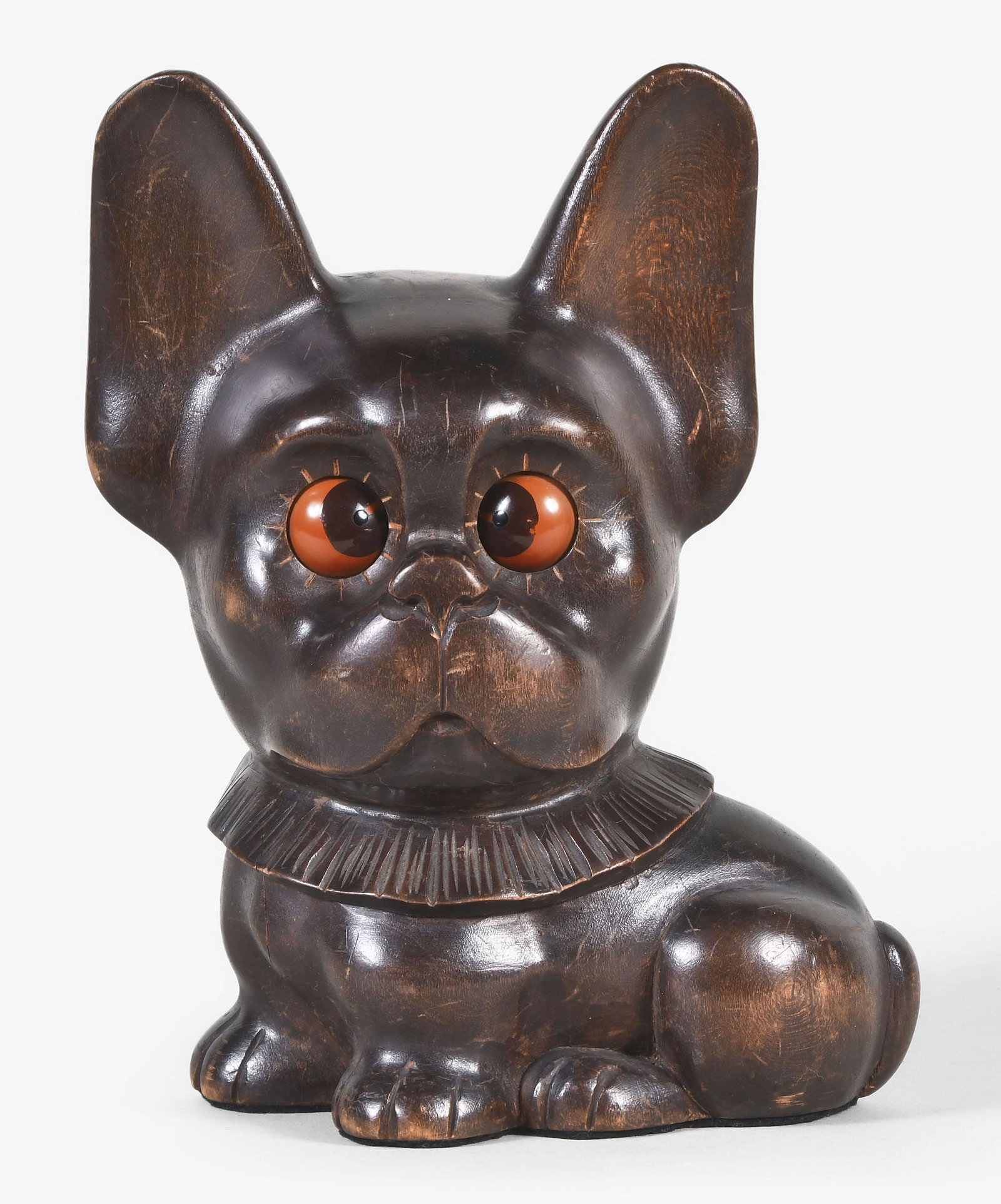 German rotating eye novelty clock: Oswald Uhrenfabrik, Germany, a carved wood pug dog form rotating eye novelty clock, with 30 hour, spring driven brass lever movement