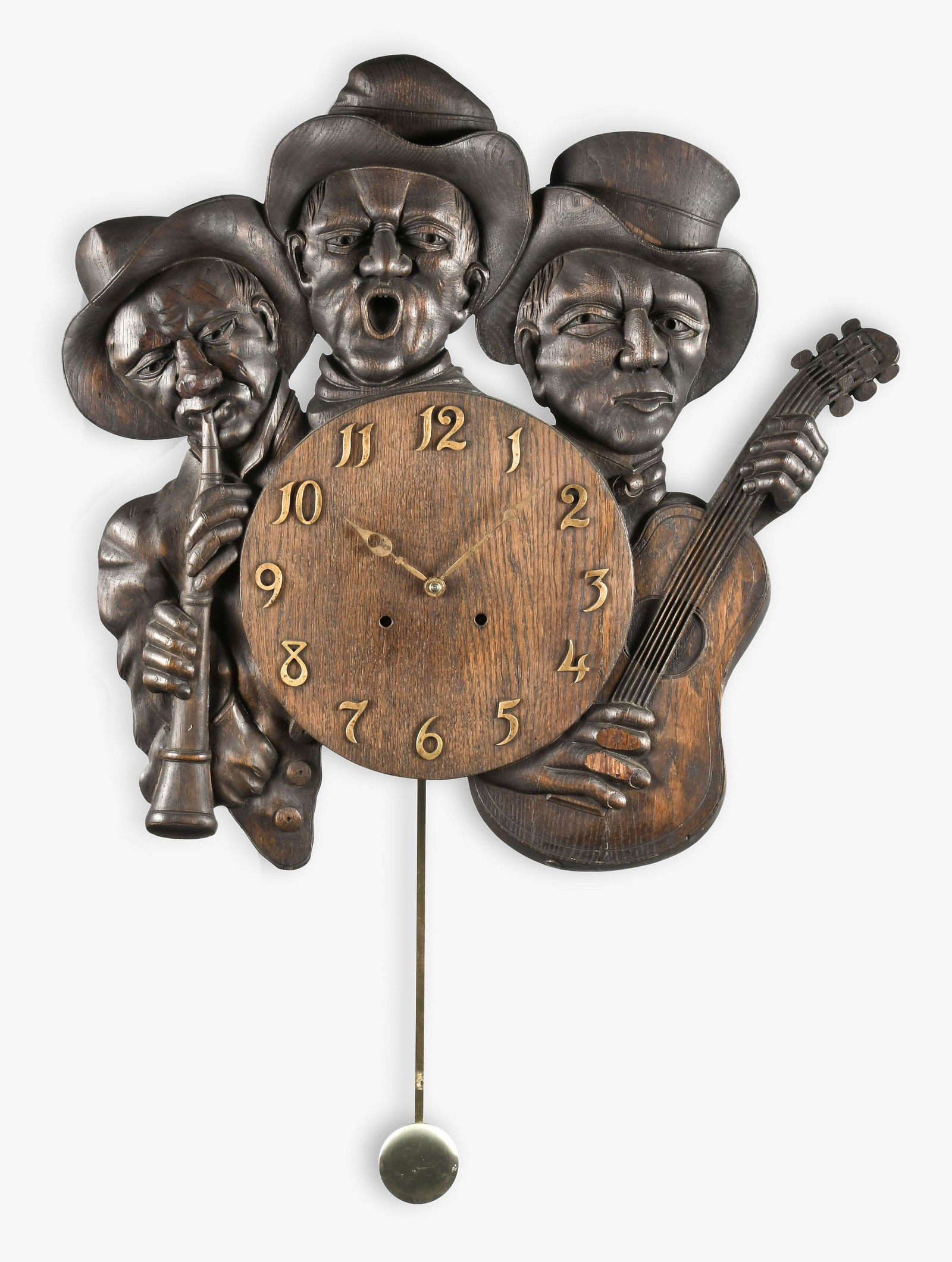The National Clock & Mfg. Co. mission style wall clock with three musicians: The National Clock & Mfg. Co., Chicago, Ill., mission style wall clock in an unusual carved front oak case with three musicians, one singing, one with guitar and the other with clarinet, applied brass