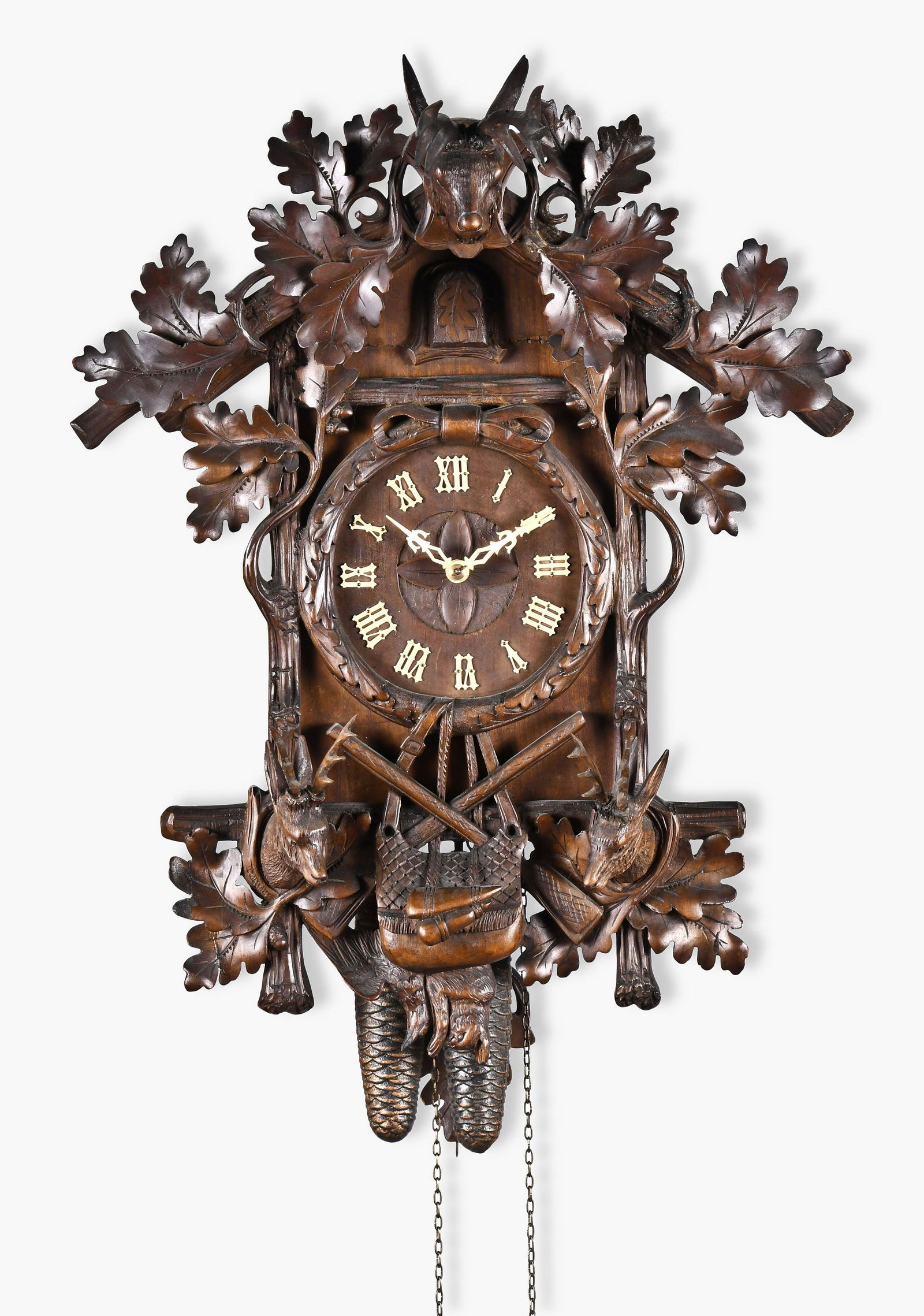 Black forest hand carved hunter style cuckoo wall clock: Black Forest, Germany, cuckoo wall clock, hand carved hunter style case No. 295 in firm catalog of GebrÃ¼der Lehins, wooden dial with applied numerals, cut bone hands, cast brass weight driven 30 hr
