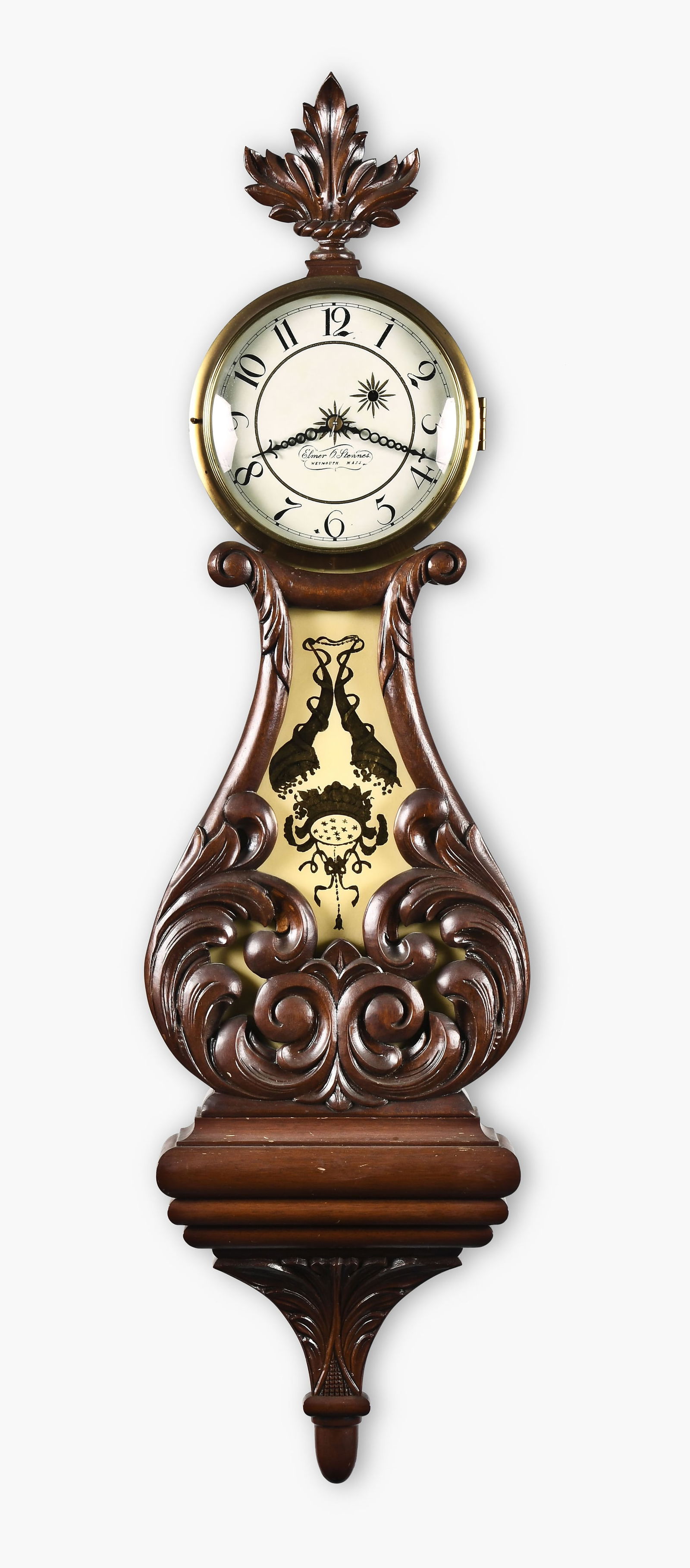 Elmer O. Stennes carved hanging lyre clock: Elmer O. Stennes, Weymouth, Mass., carved true lyre hanging clock, mahogany case with painted metal dial, Curtis type hands, and 8 day, weight driven brass movement