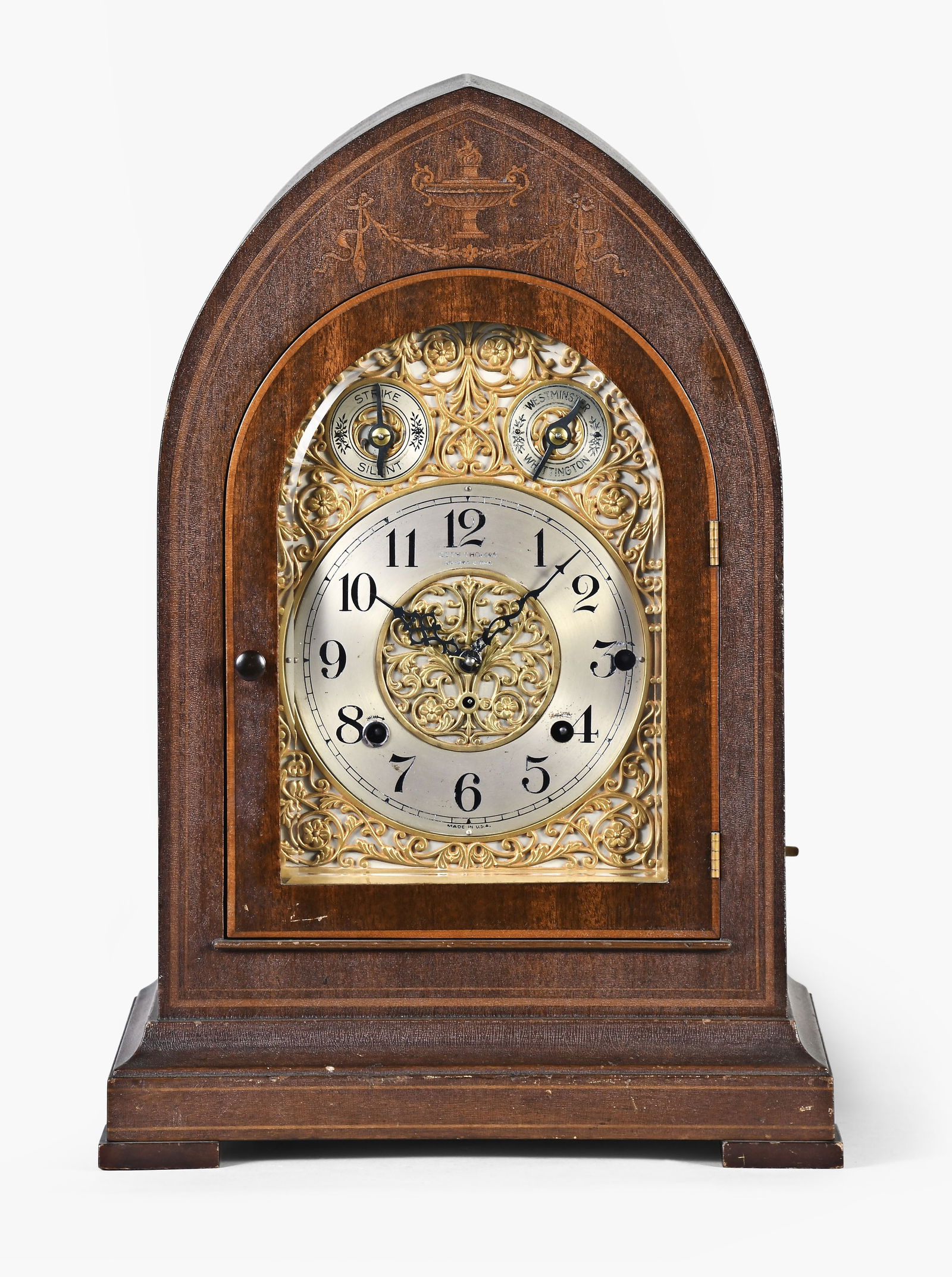 Seth Thomas Clock Co. Chime Clock No. 2003: Seth Thomas Clock Co., Thomaston, Conn., "Chime Clock No. 2003", mantel clock, mahogany case with decorative marquetry inlays, 5.5 inch chapter ring with cast, matte gilt fret surround and center, ser
