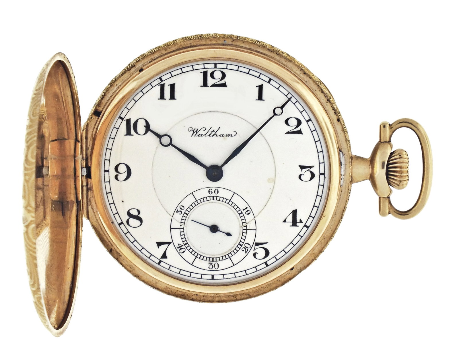 A 14 karat gold 12 size Waltham pocket watch: American Waltham Watch Co., Waltham, Mass., 12 size, 7 jewels, stem wind and set, damascened nickel plate movement with lever escapement and cut bimetallic balance in a 14 karat, yellow gold, engine t