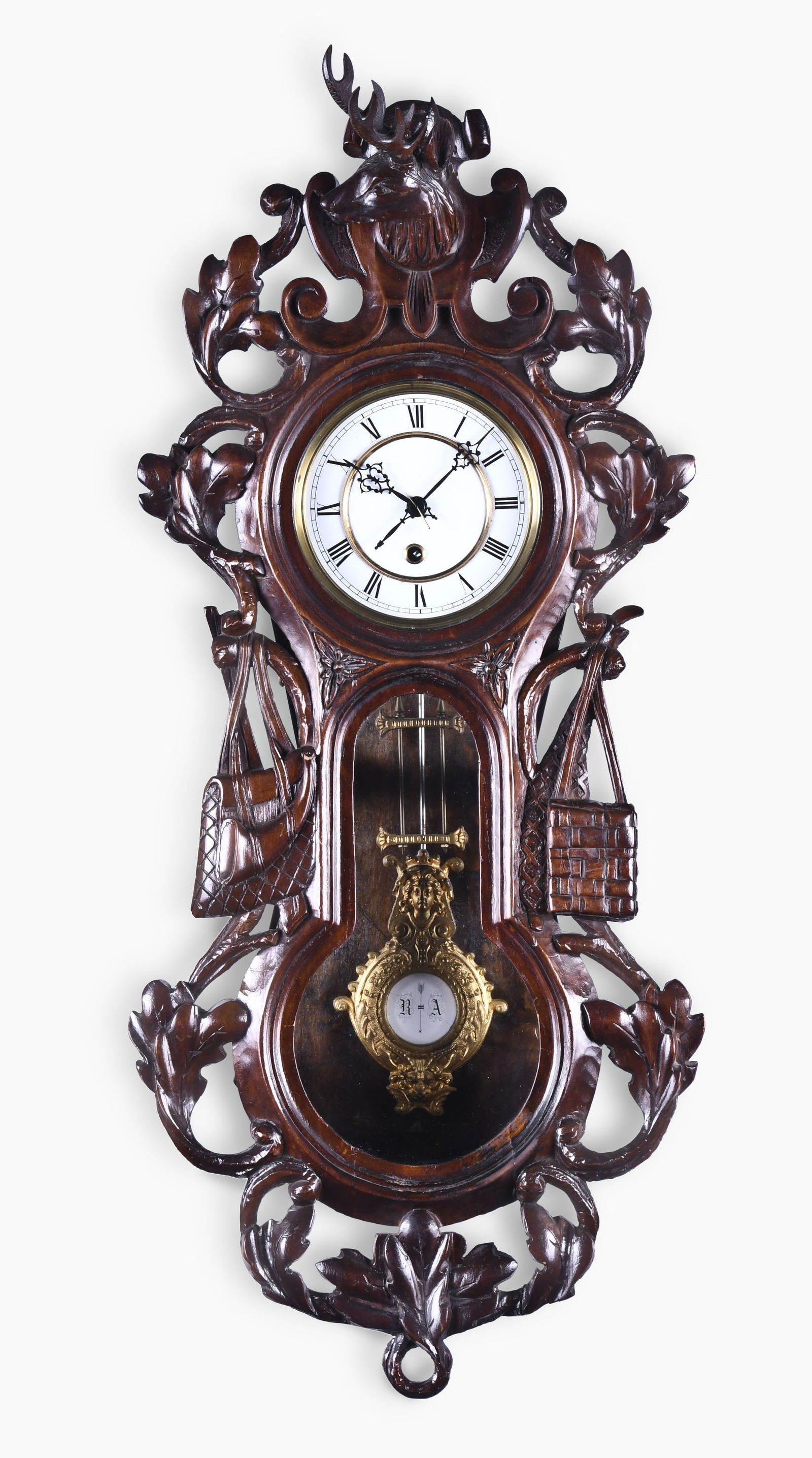 Lenzkirch carved hunter motif regulator hanging clock (1 of 12)