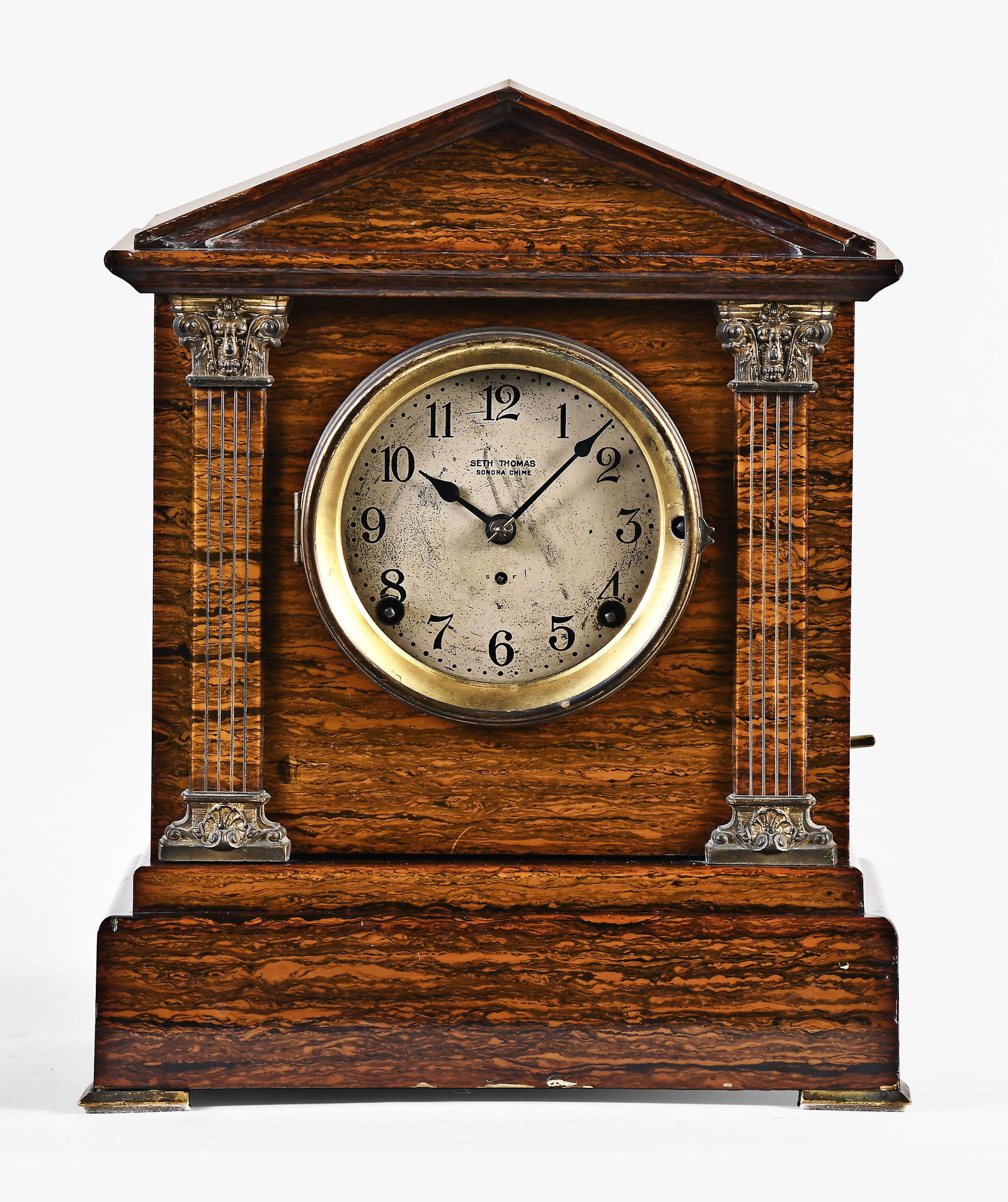 Seth Thomas Clock Co. Chime Clock No. 6 mantel clock: Seth Thomas Clock Co., Thomaston, Conn., "Chime Clock No. 6" mantel clock, adamantine case, 5in silvered dial, spade hands, and 8 day time and strike spring driven brass No. 89M movement with a 4 bell