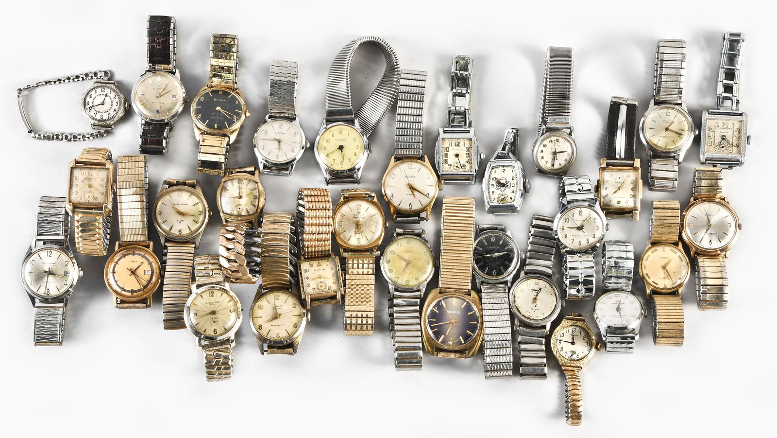 A lot of thirty wrist watches: 30 (Thirty) vintage wrist watches, autonatic and manual wind, gold filled, chrome and stainless cases, makers include Arnex, Bulova, Benrus, Elgin, Waltham, Wittnauer, etc.