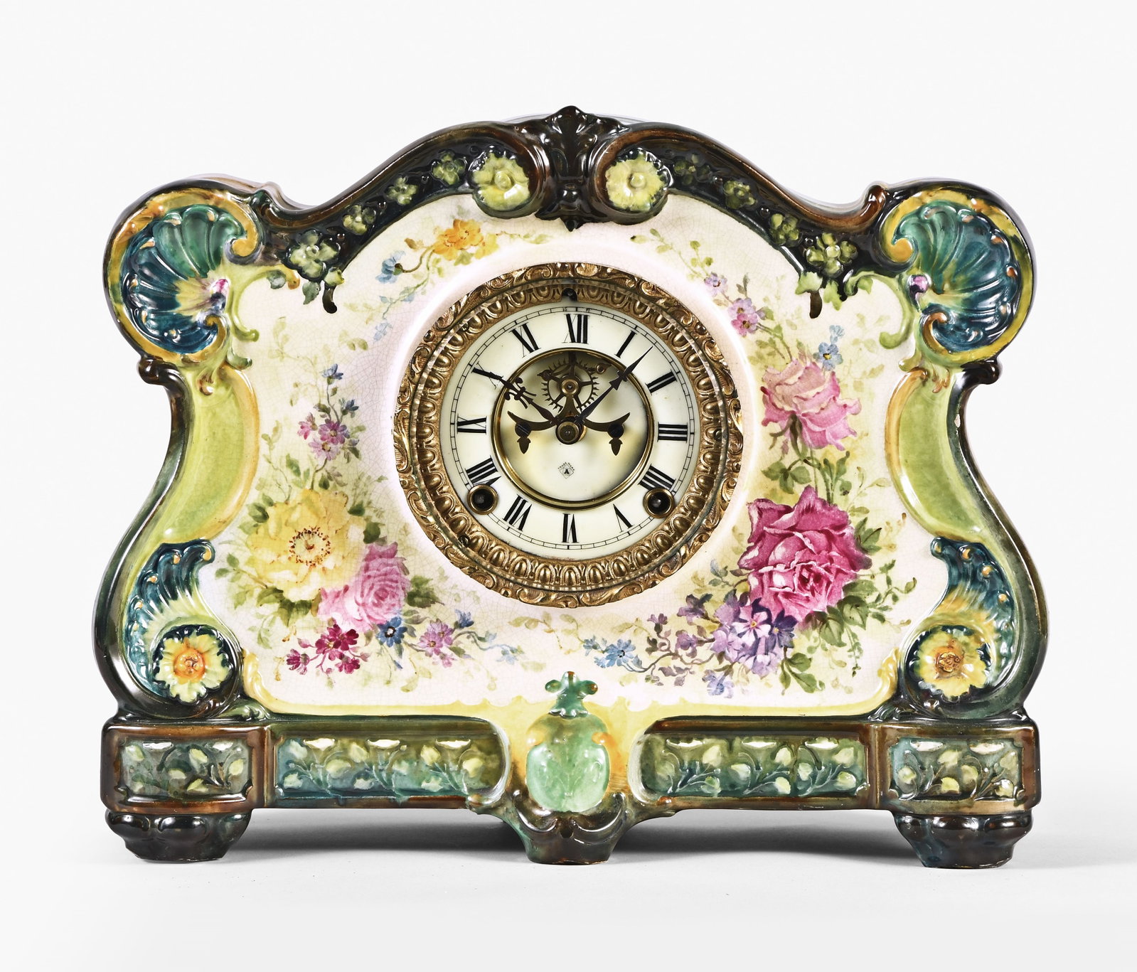 Ansonia Royal Bonn La Vergne porcelain metal clock: Ansonia Clock Co., New York, NY, "La Vergne" Royal Bonn porcelain metal clock, porcelain dial, fleur de lis hands, eight day, time and strike spring driven brass movement