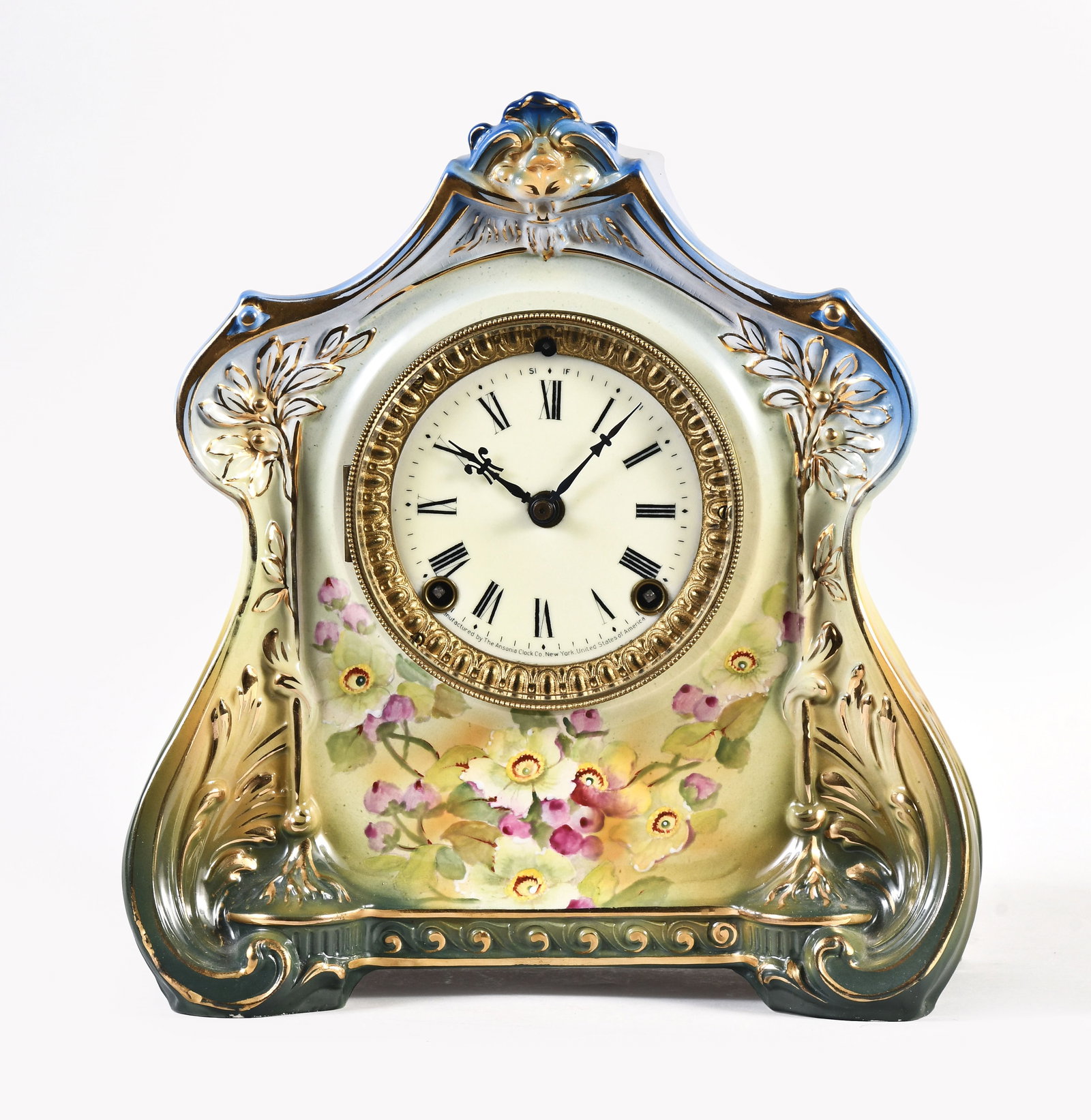 Ansonia Royal Bonn La Clairmont porcelain mantel clock: Ansonia Clock Co., New York, NY, "La Clairmont" Royal Bonn porcelain mantel clock, porcelain dial, Fluer de lis hands, eight day, time and strike spring driven brass movement