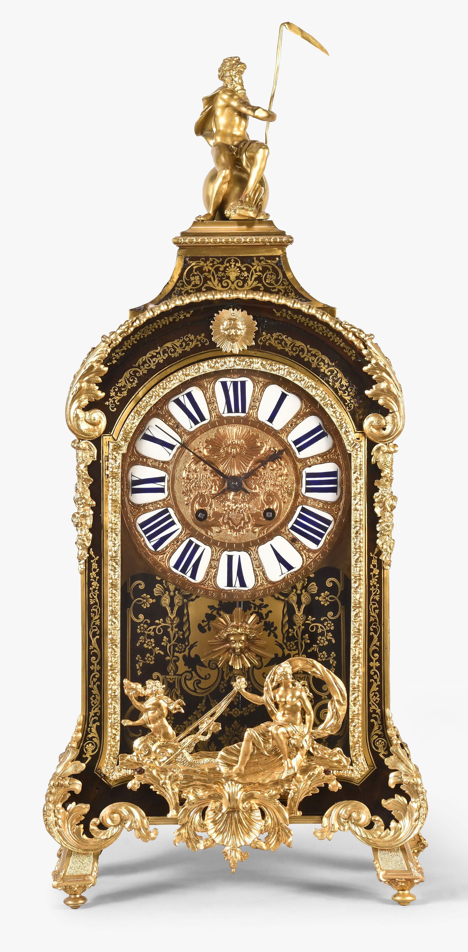 A large French Louis XV bracket clock with Boulle work case by Charles Voisin: Charles Voisin, Paris, a large Louis XV bracket clock, the Boulle work case with turtle shell veneer, finely fretted brass inlays, and gilt floral and foliate mounts, the interior of the back and case