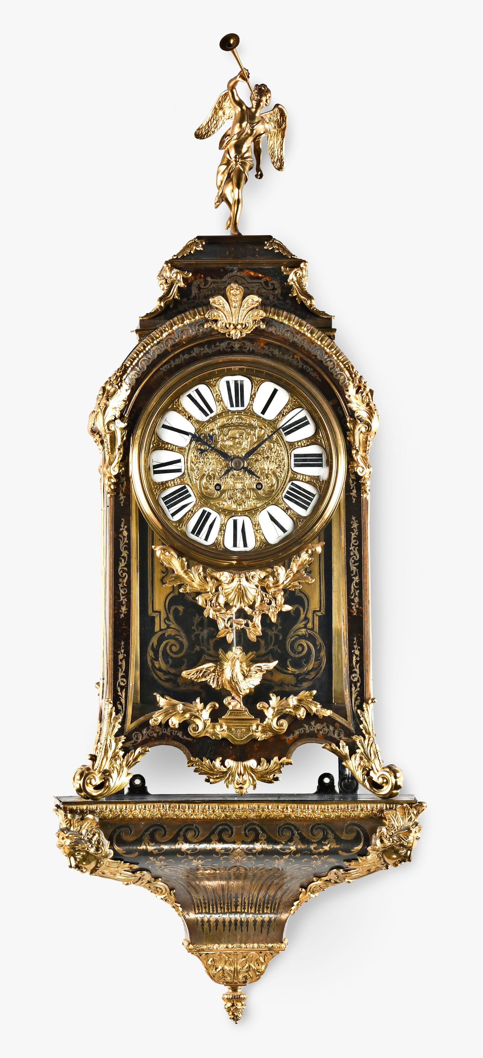 A large 19th century Louis XV style French bracket clock with bracket: France, a large 19th century Louis XV style bracket clock, the Boulle work case with turtle shell veneer, finely fretted brass inlays, scroll feet, and gilt foliate mounts, the interior of the back an