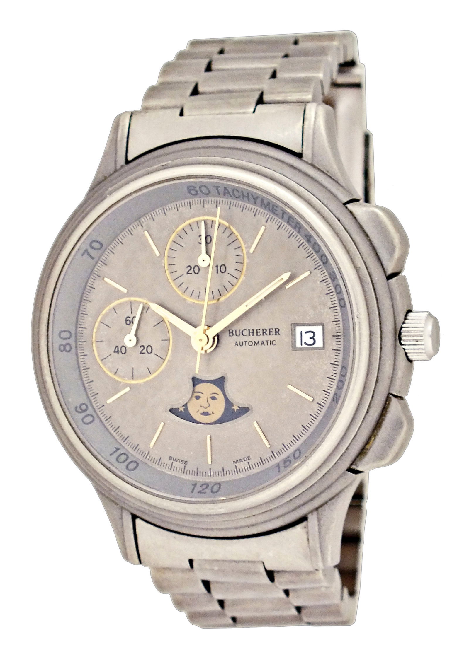 A late 20th century wrist chronograph with moon phase display signed Bucherer: Bucherer, Switzerland, a late 20th century wrist chronograph with moon phase display, 17 jewel, automatic winding, rhodium plated Valjoux cal. 7758 movement with lever escapement and micrometric regul