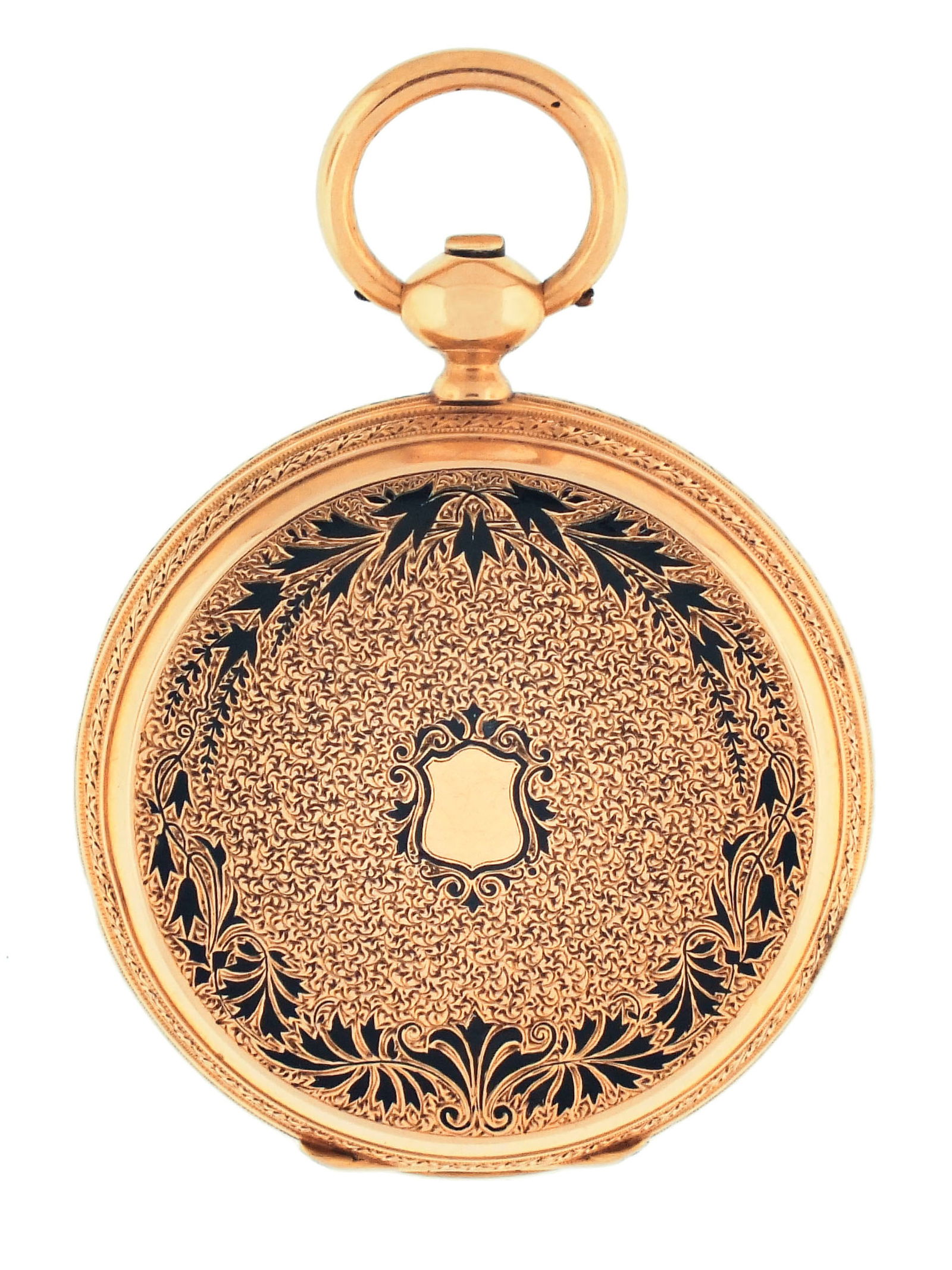 A mid 19th century Swiss 18 karat gold hunting case pocket watch with black enamel ornament (1 of 9)