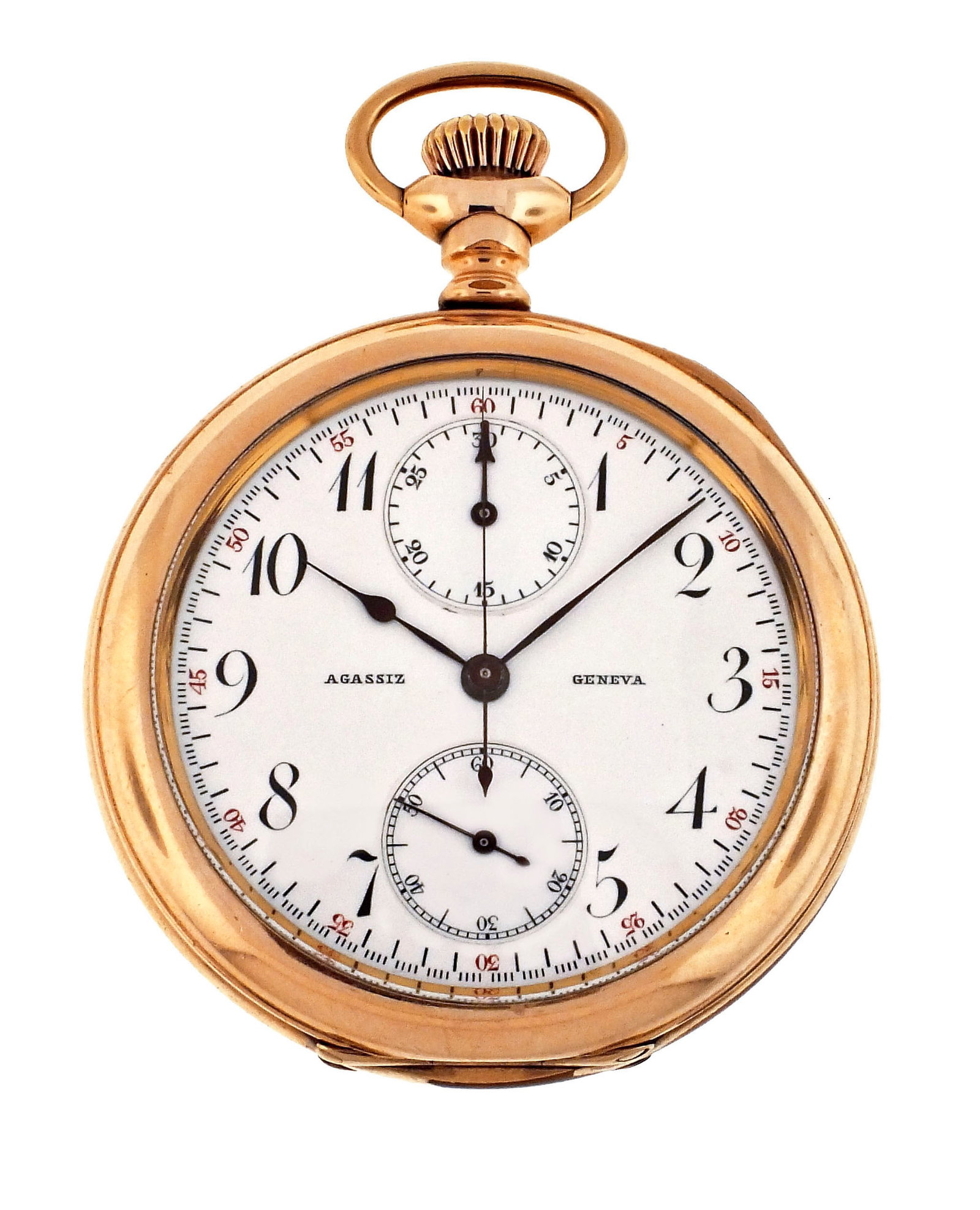 An early 20th century Agassiz pocket chronograph with instantaneous minute register: Agassiz, Geneva, Switzerland, an early 20th century pocket chronograph with instantaneous minute register, 18 jewels, stem wind and set, cotes de Geneve decorated nickel plate movement with lever esca