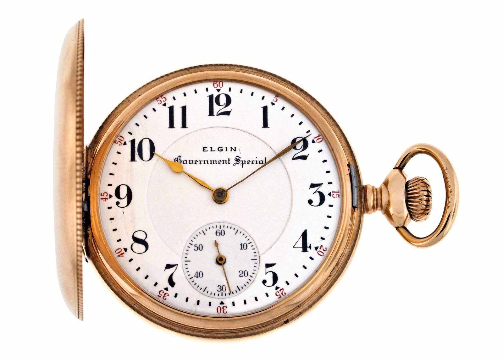 An early 20th century gold Elgin pocket watch with Government Special dial: Elgin National Watch Co., Elgin, Illinois, a gold cased pocket watch, 16 size, 17 jewels, stem wind and set, damascened nickel plate movement with lever escapement, cut bimetallic balance and Moseley 