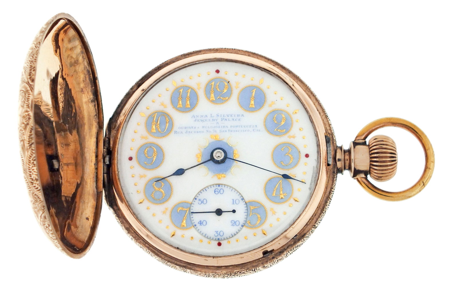 A Hamilton 941 with gold hunting case for Anna Silveira's Jewelry Palace: Hamilton Watch Co., Lancaster, Penn., for Anna Silveira's Jewelry Palace, a gold cased "941", 18 size, 21 jewels, stem wind and lever set, adjusted to 5 positions, temperature and isochronism, damasce