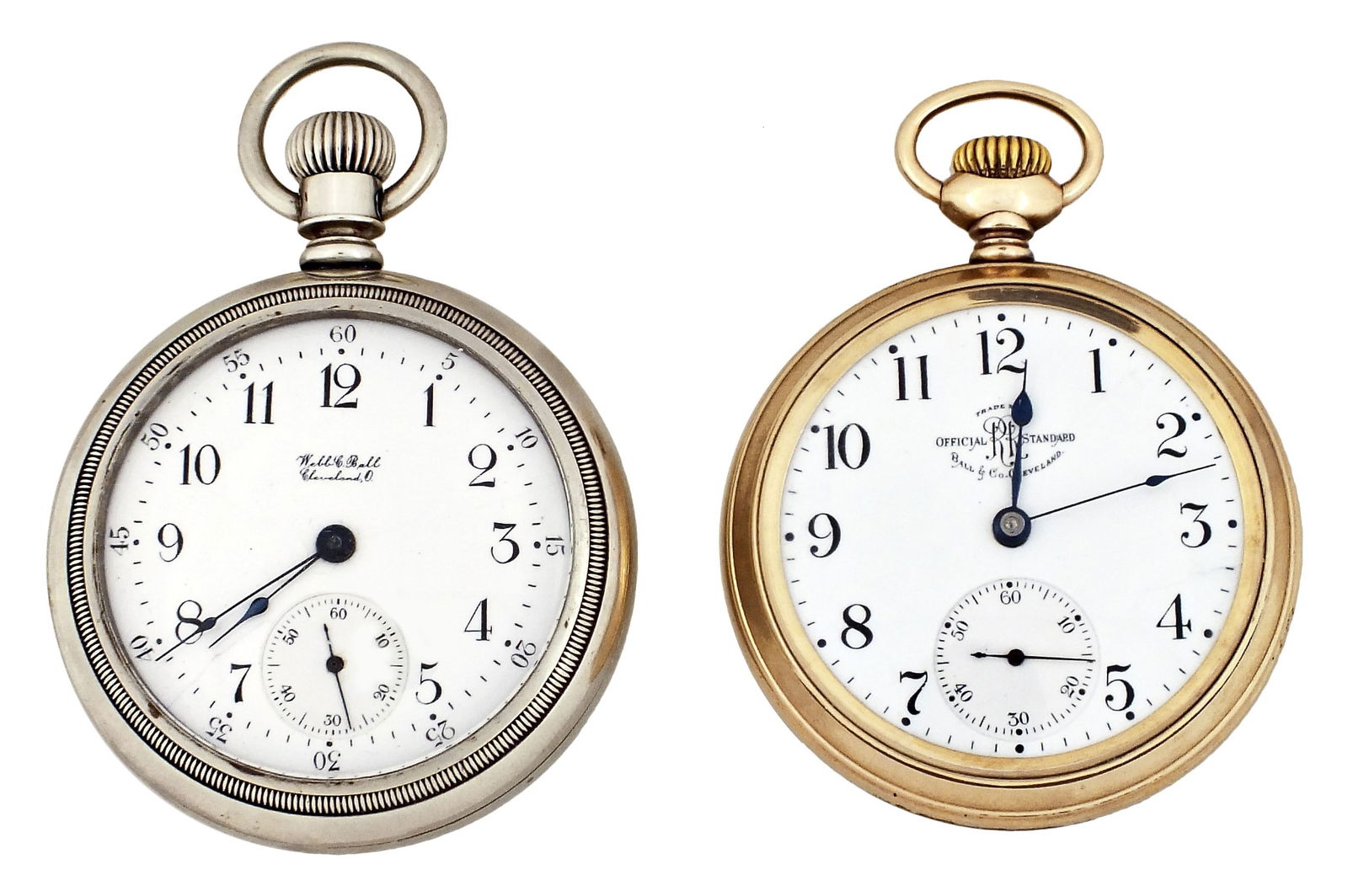 A lot of two American pocket watches: 2 (Two) American pocket watches, 18 size, arabic numeral enamel dials, including a Ball model 1, grade 999A, 21 jewel damascened nickel movement in gold filled open case, serial #462238, and a Hampden