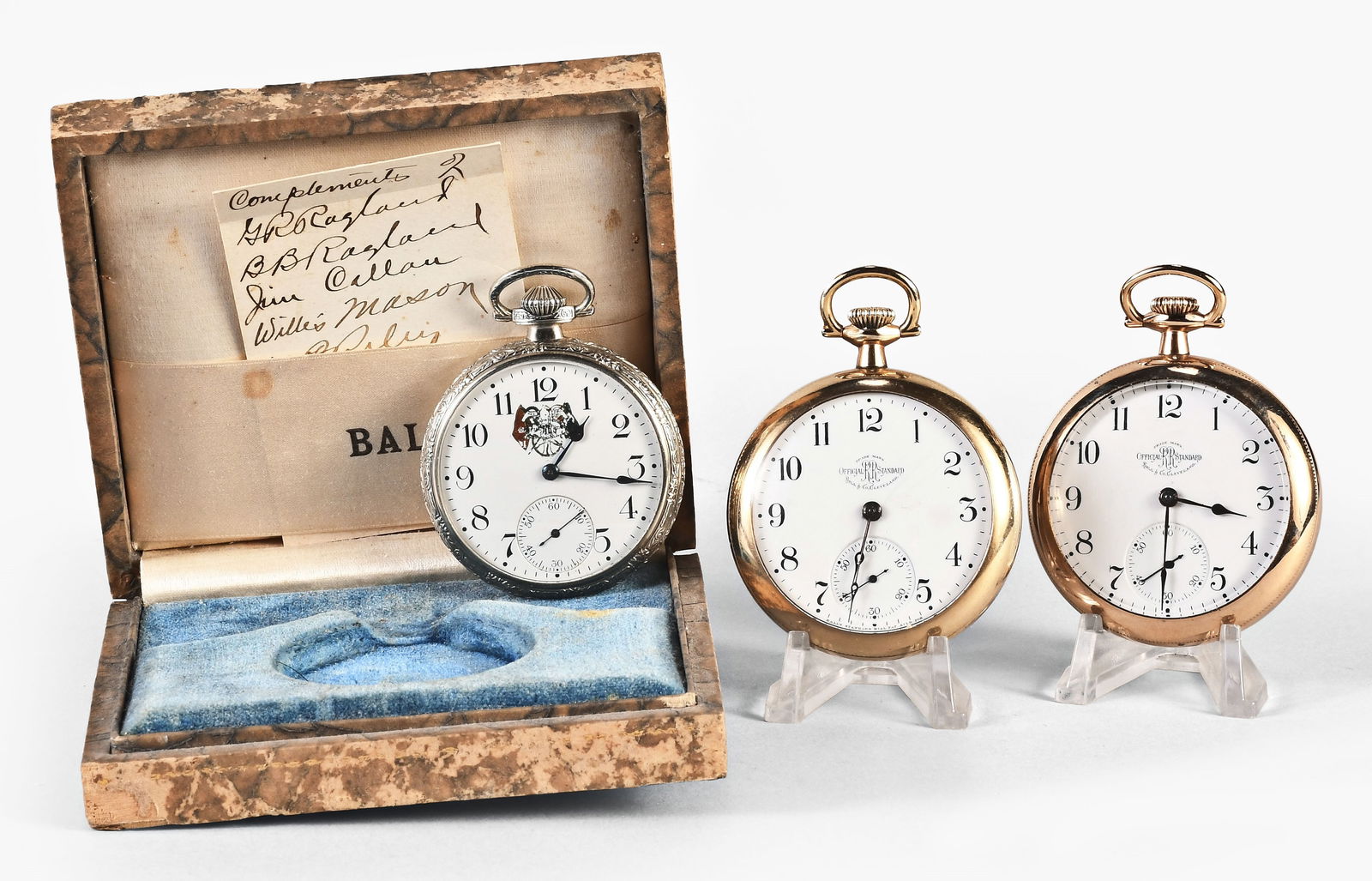 A lot of three Ball pocket watches: 3 (Three) Ball pocket watches, 16-18 size, arabic numeral enamel dial,open face, damascened nickel movements in gold filled cases, including a model 1899, "Official Standard", 21 jewel, signed origina