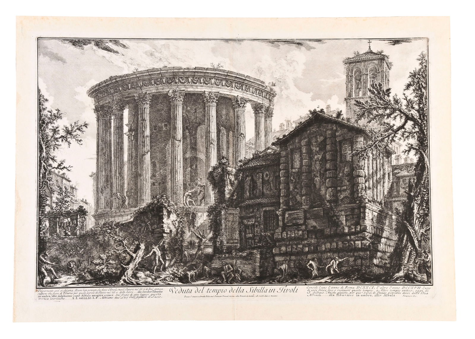 View of the Temple of Sibyl in Tivoli by Giovanni Battista Piranesi: Giovanni Battista Piranesi, "View of the Temple of Sibyl in Tivoli", from his "Views of Rome" series, the double page etching with a very detailed rendering of the temple, the surrounding buildings an