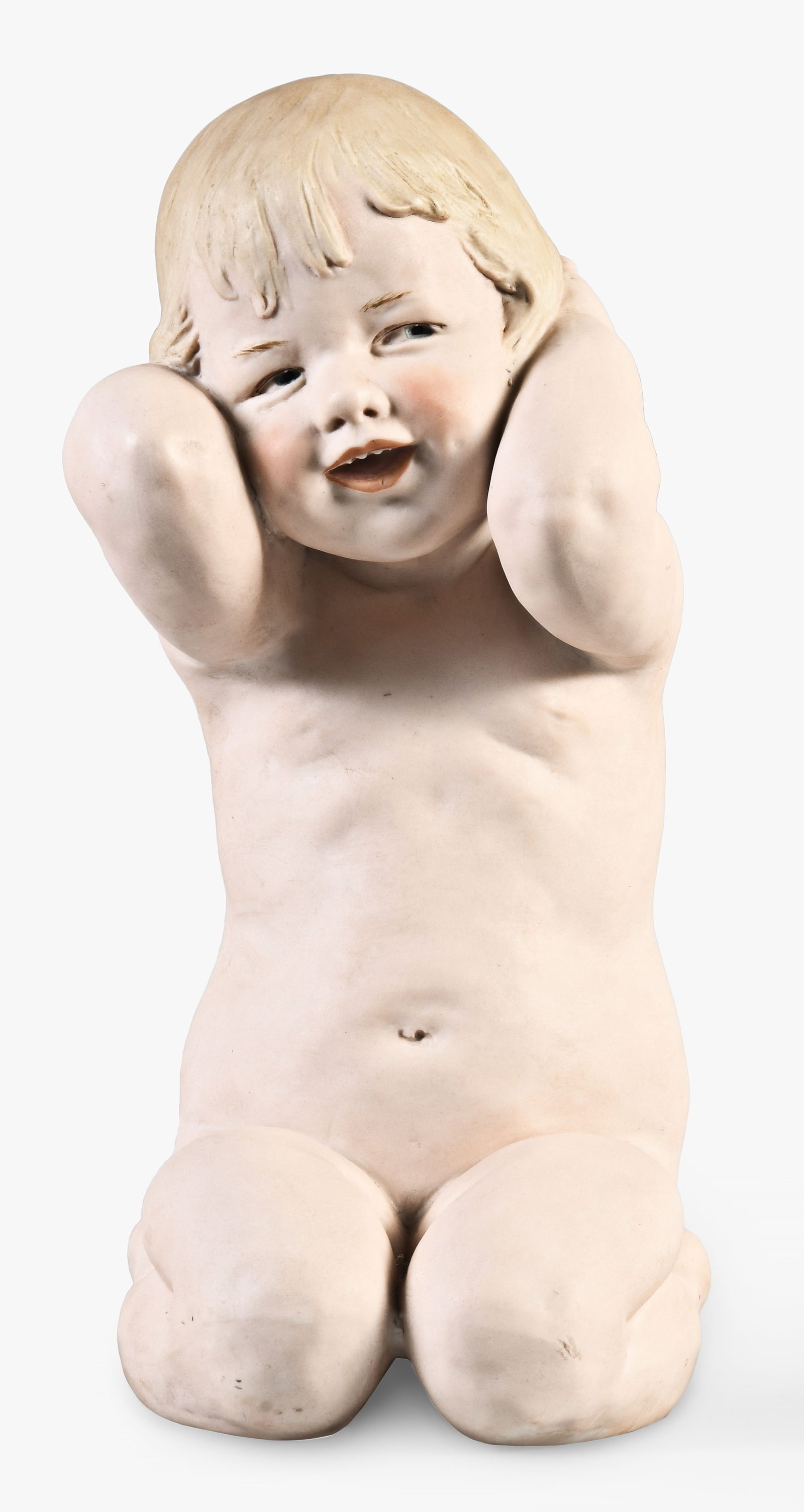 A large Gebruder Heubach porcelain piano baby: Gebruder Heubach, Germany, a large porcelain piano baby, the kneeling figure with gray intaglio eyes, open closed mouth, blonde hair, and hands behind her head, with sunburst mark, 11.25in